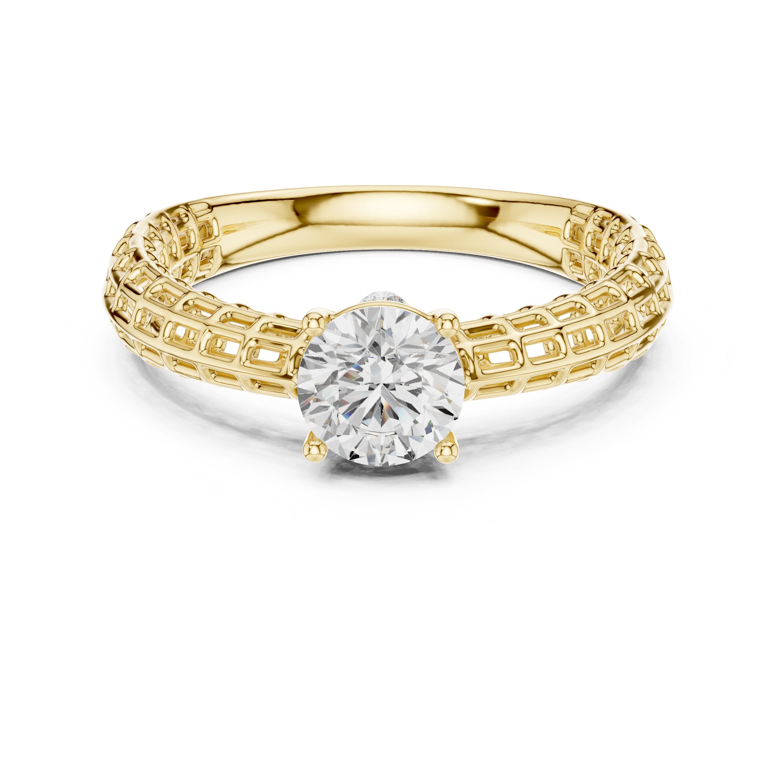 Round Diamond Three Stone Engagement Ring with Openwork Band in Yellow Gold - VYKA Diamonds