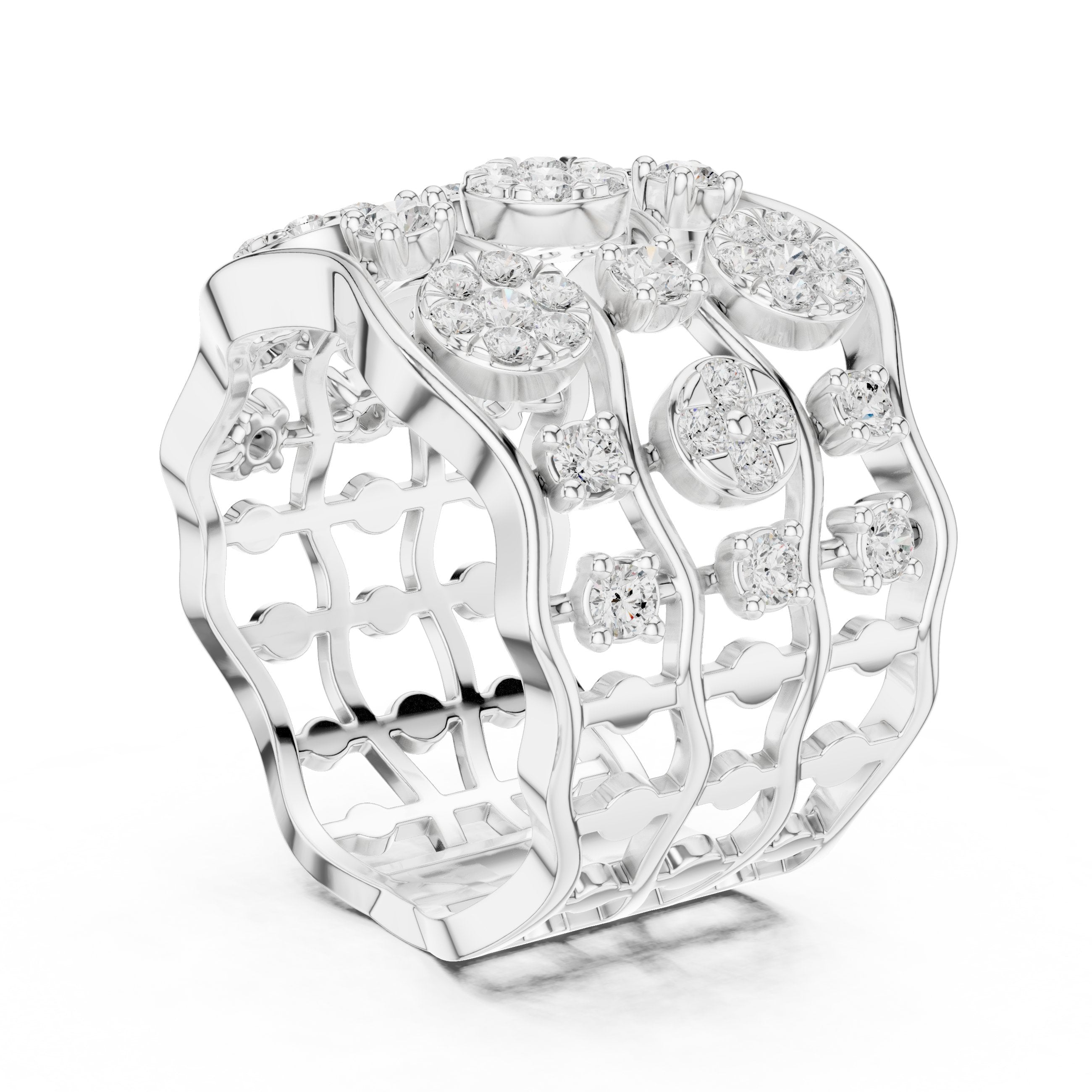 سوار ذكرى عريض بعناقيد زهرية من الألماس المستدير in White Gold - VYKA Diamonds