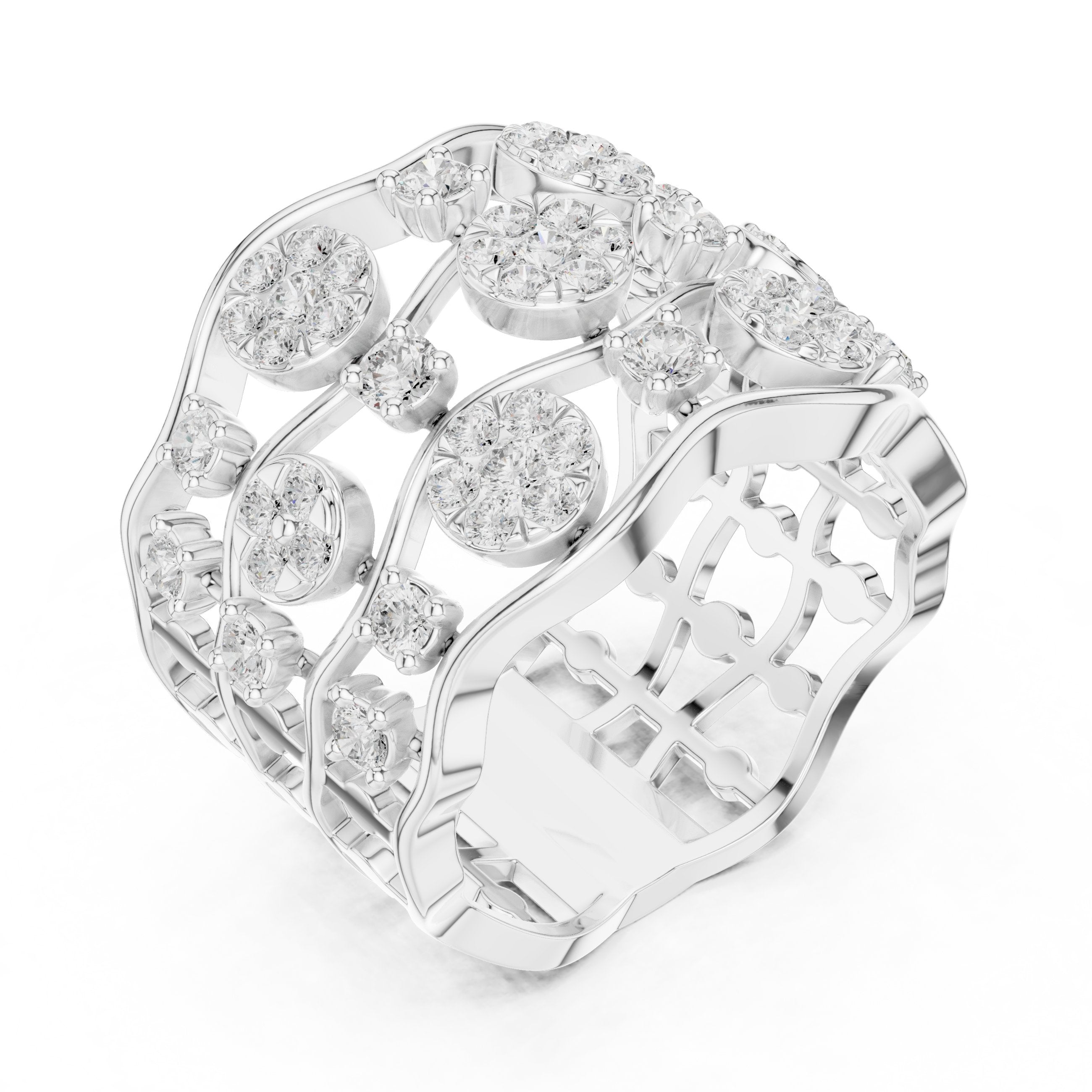 سوار ذكرى عريض بعناقيد زهرية من الألماس المستدير in White Gold - VYKA Diamonds