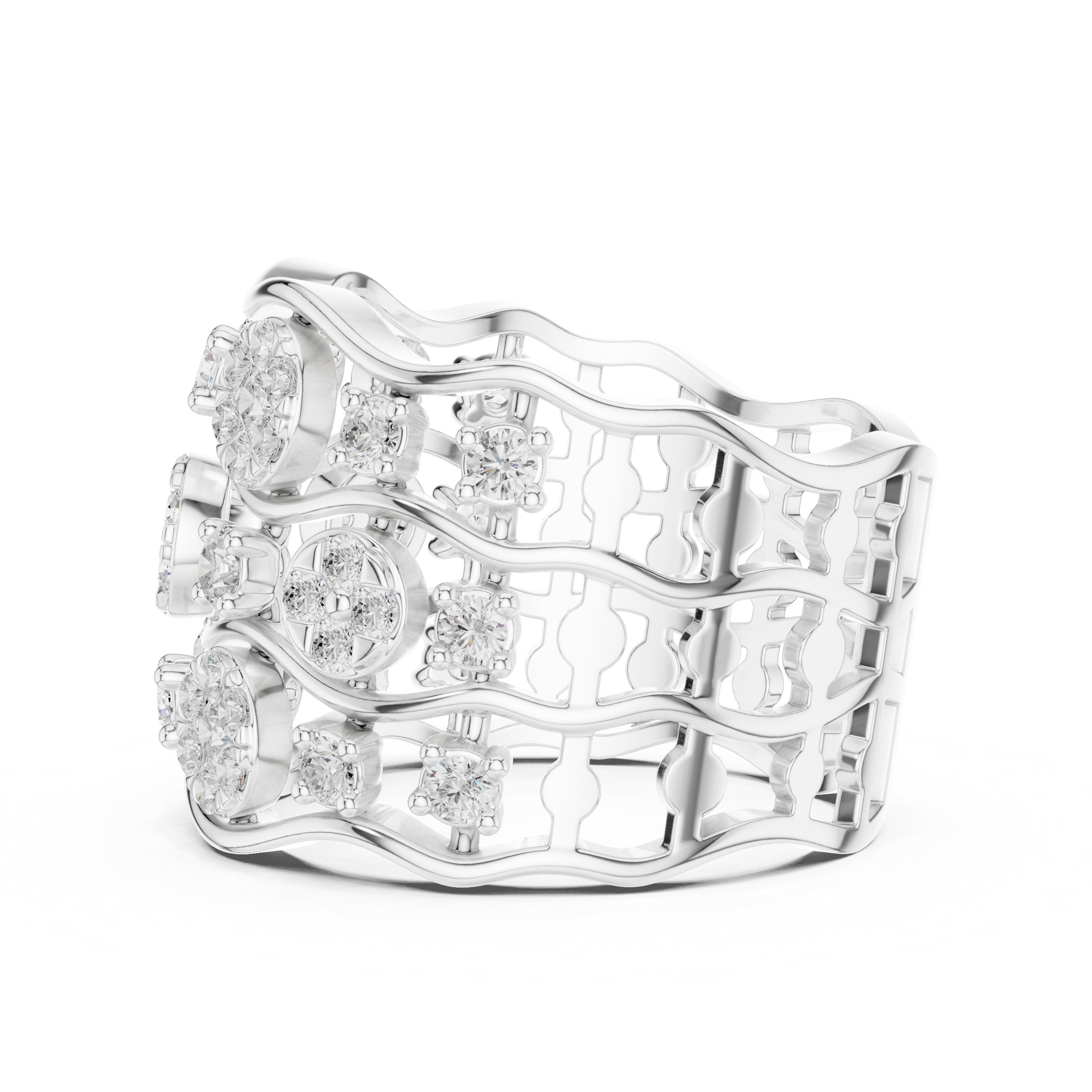 سوار ذكرى عريض بعناقيد زهرية من الألماس المستدير in White Gold - VYKA Diamonds