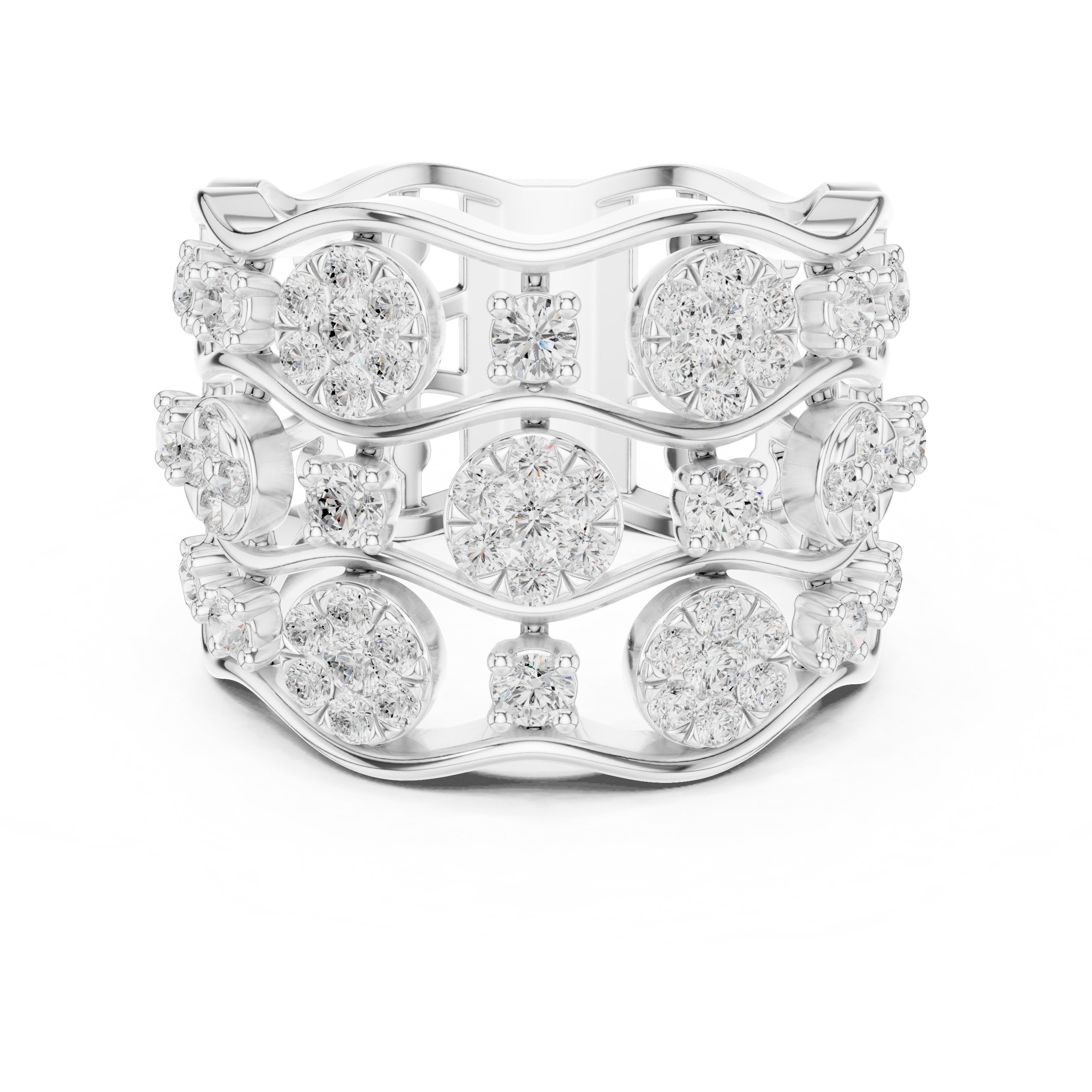 سوار ذكرى عريض بعناقيد زهرية من الألماس المستدير in White Gold - VYKA Diamonds