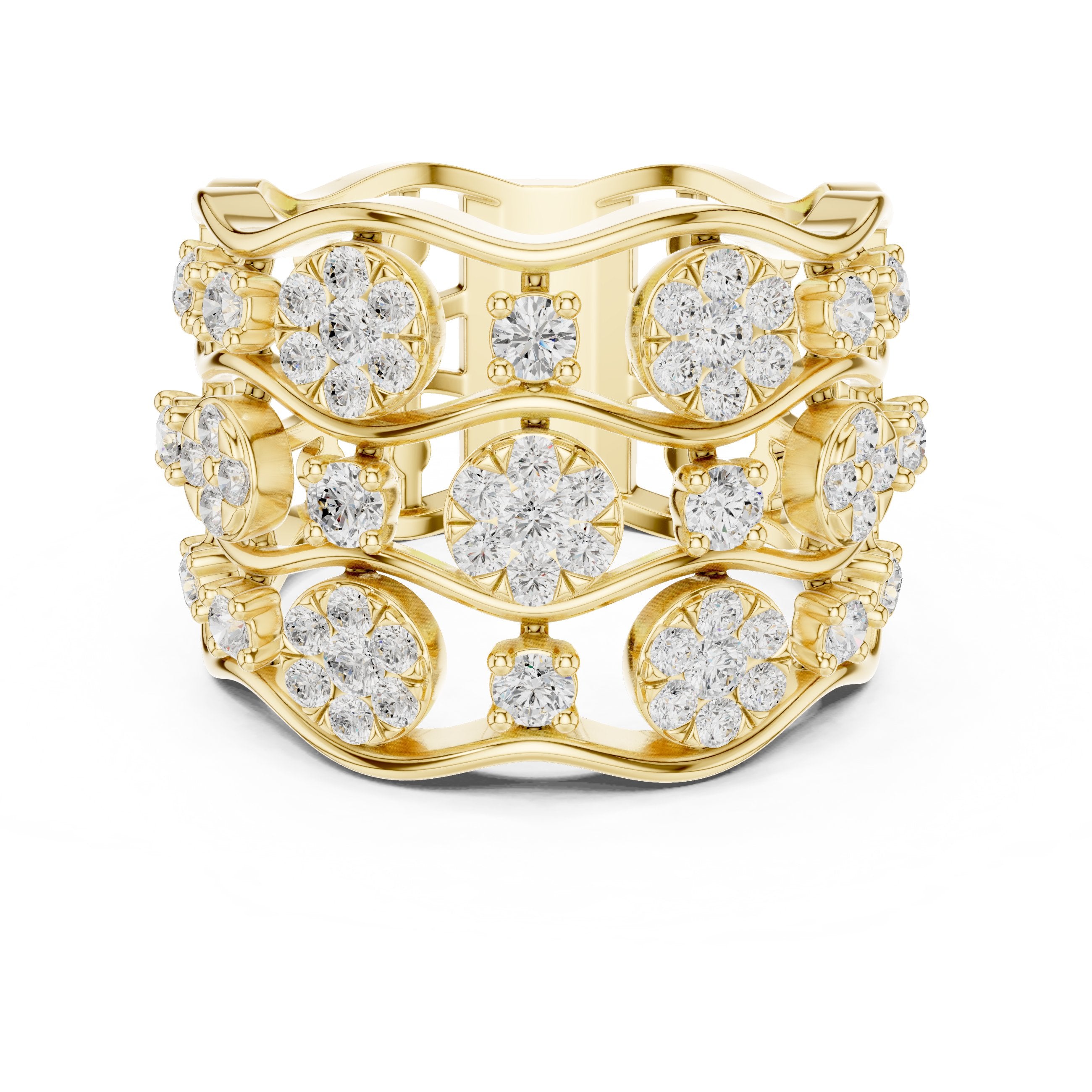 سوار ذكرى عريض بعناقيد زهرية من الألماس المستدير in Yellow Gold - VYKA Diamonds