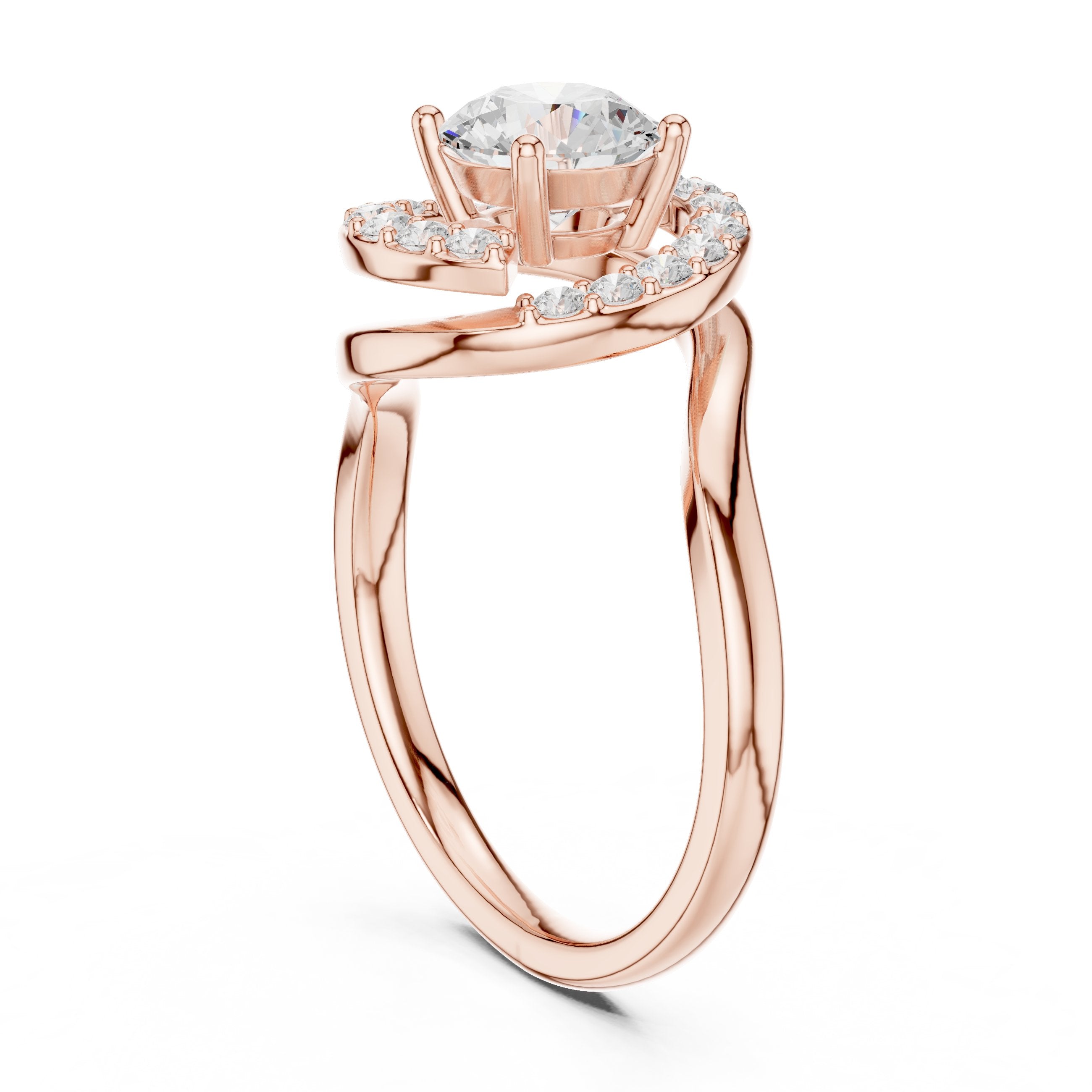خاتم خطوبة بهالة من الألماس المستدير مع ساق التفافي مفتوح in Rose Gold - VYKA Diamonds