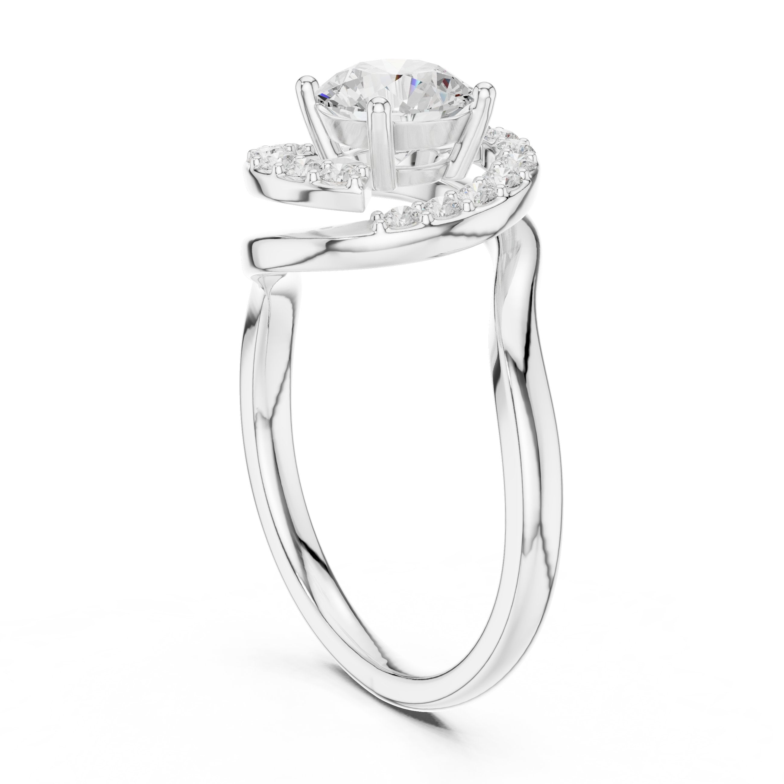 خاتم خطوبة بهالة من الألماس المستدير مع ساق التفافي مفتوح in White Gold - VYKA Diamonds