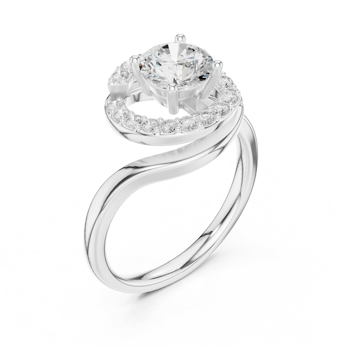 Round Diamond Halo Engagement Ring with Bypass Open Shank