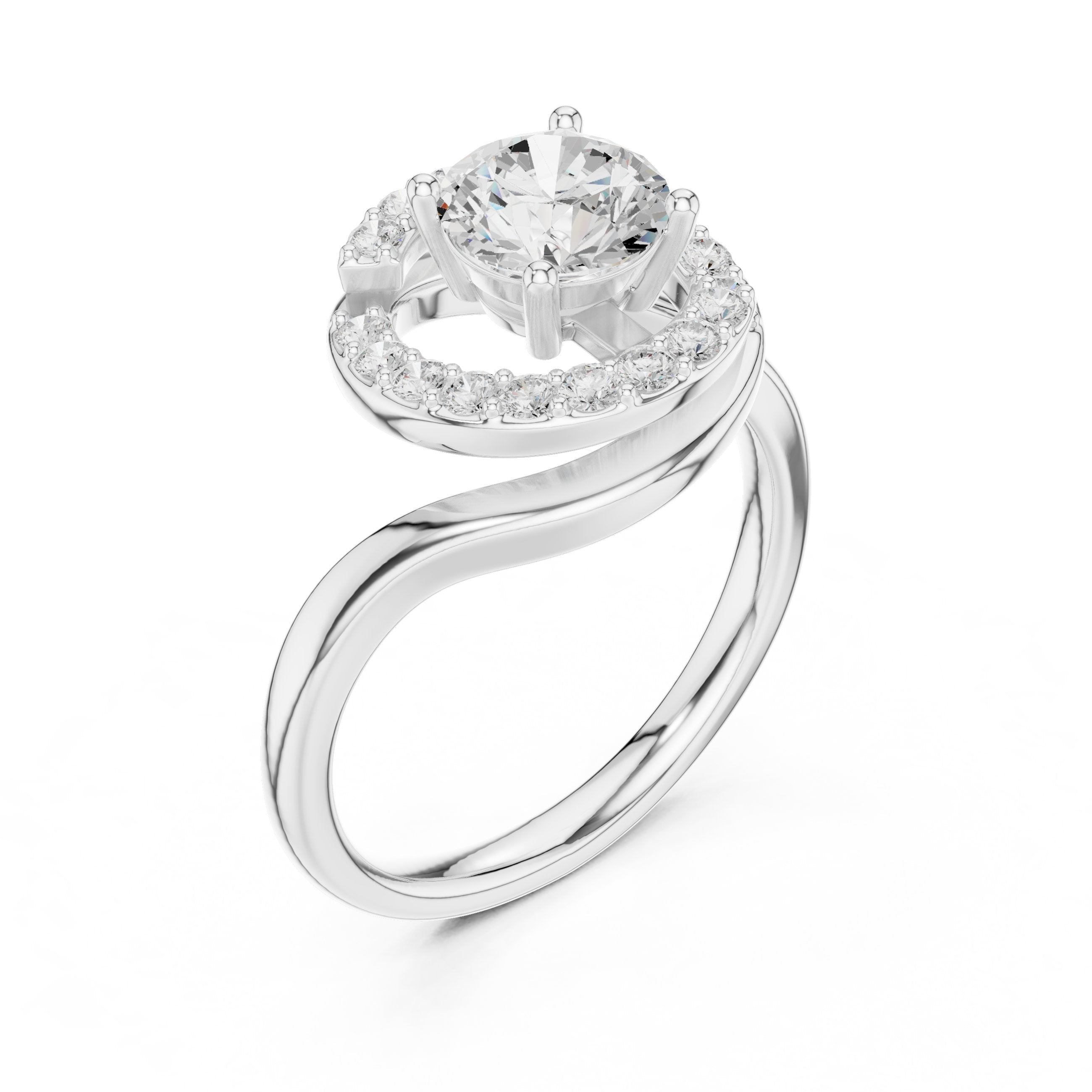 خاتم خطوبة بهالة من الألماس المستدير مع ساق التفافي مفتوح in White Gold - VYKA Diamonds