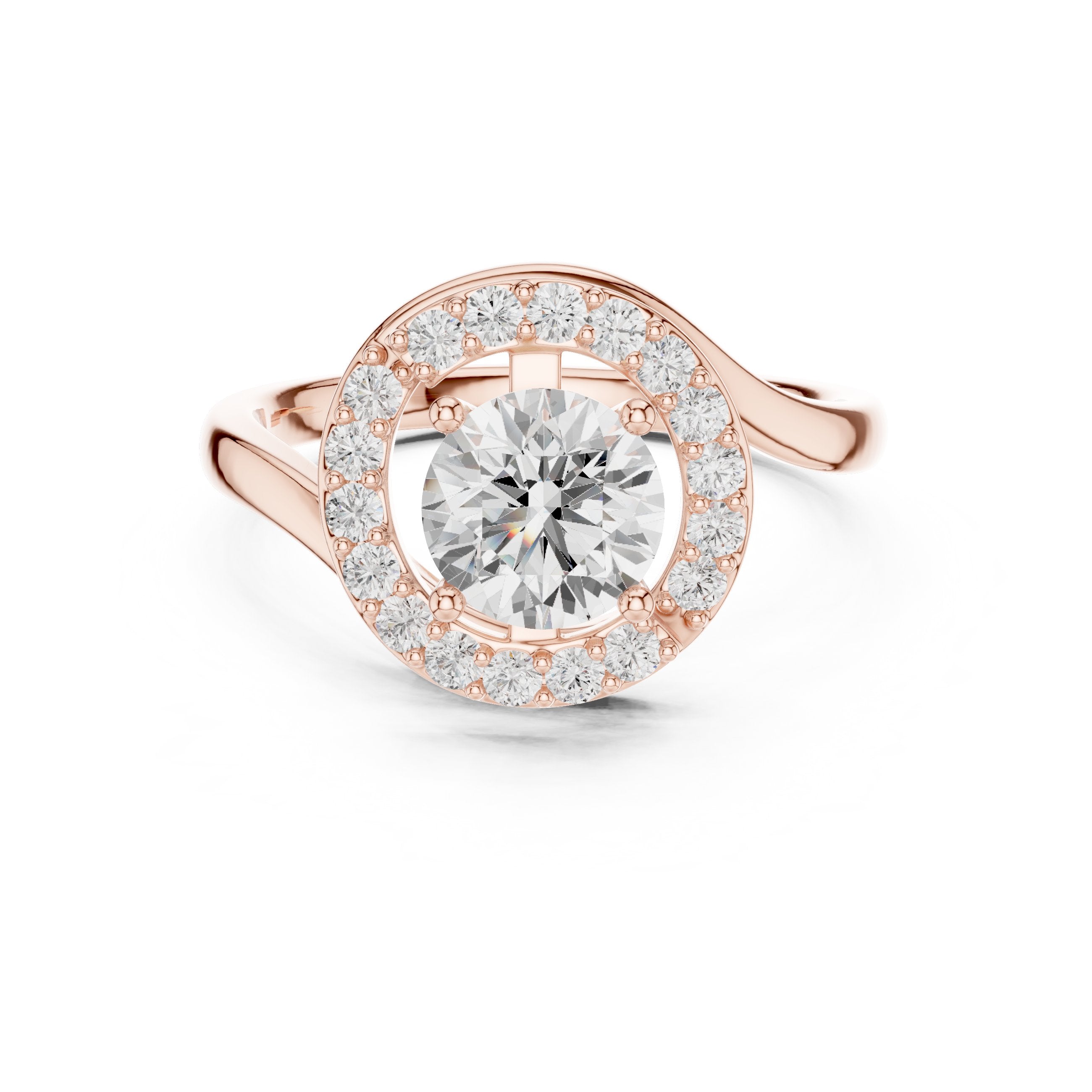 خاتم خطوبة بهالة من الألماس المستدير مع ساق التفافي مفتوح in Rose Gold - VYKA Diamonds
