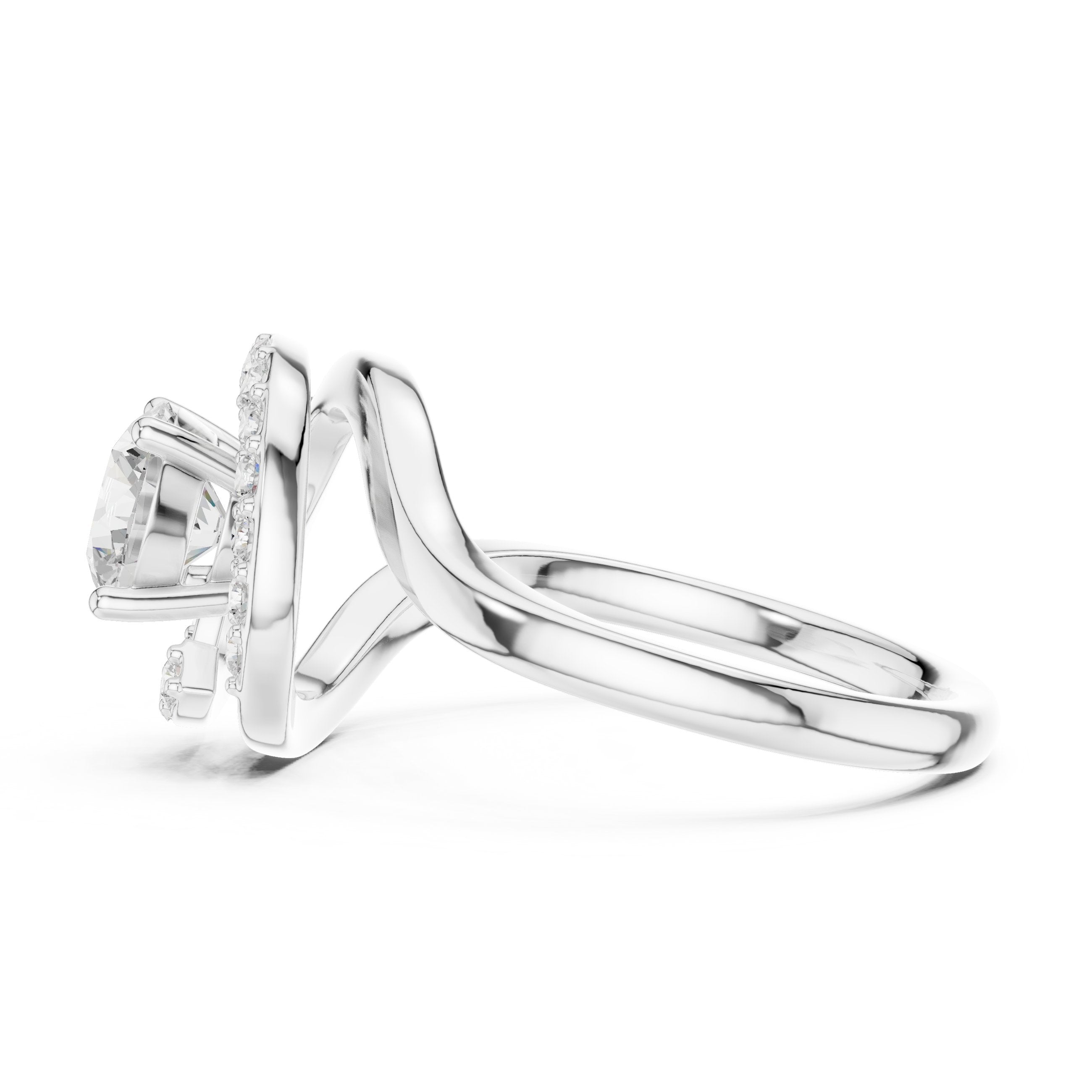 خاتم خطوبة بهالة من الألماس المستدير مع ساق التفافي مفتوح in White Gold - VYKA Diamonds