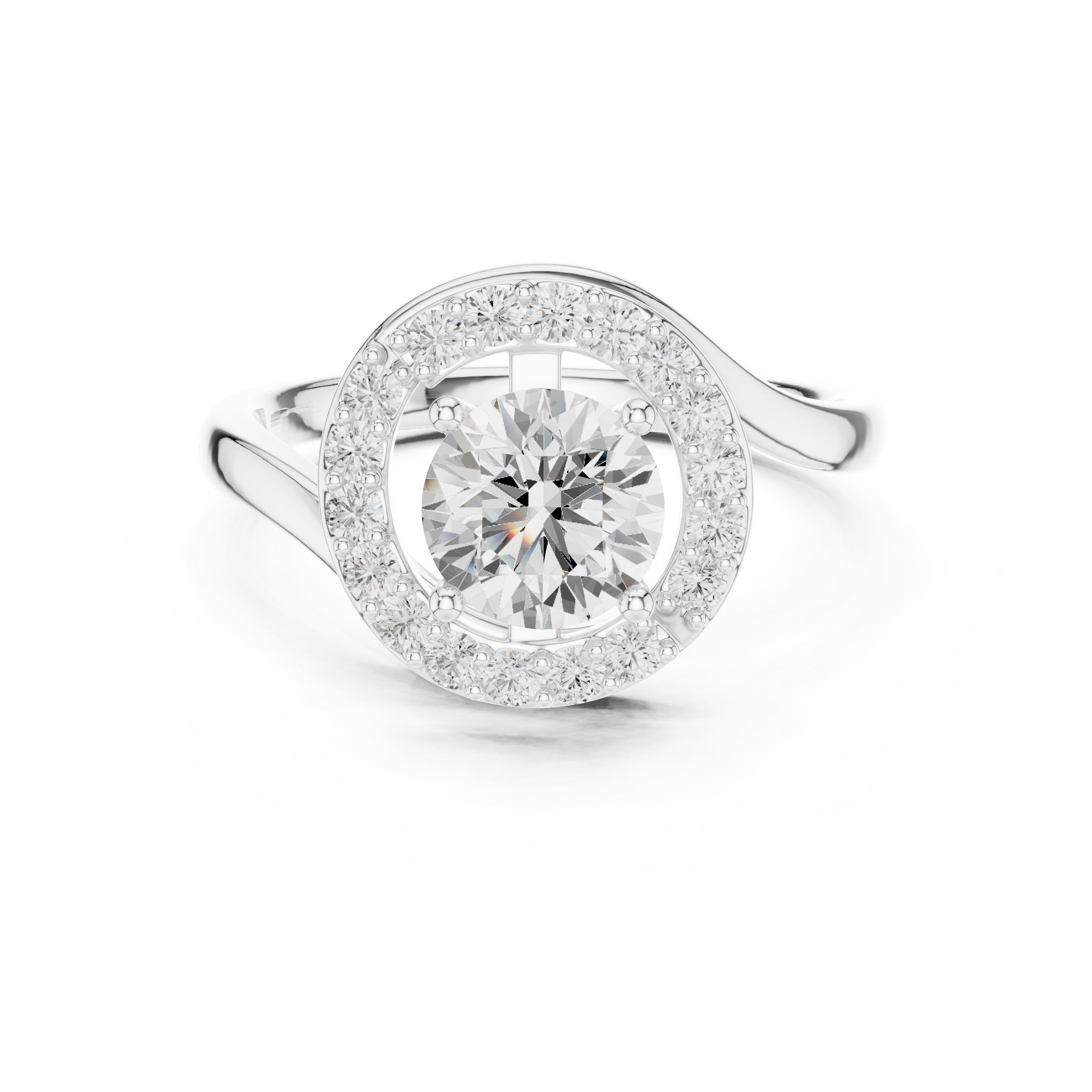 خاتم خطوبة بهالة من الألماس المستدير مع ساق التفافي مفتوح in White Gold - VYKA Diamonds