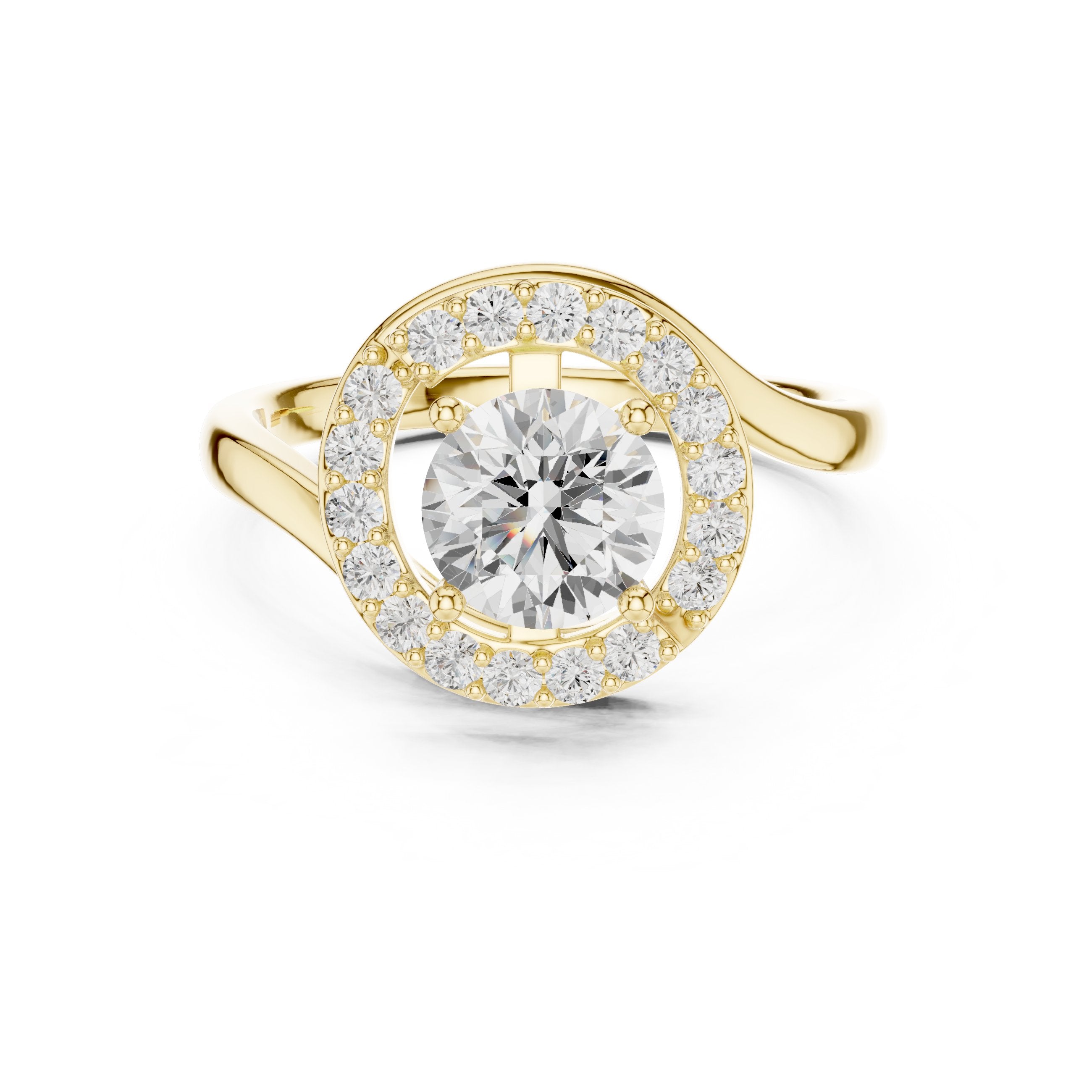 خاتم خطوبة بهالة من الألماس المستدير مع ساق التفافي مفتوح in Yellow Gold - VYKA Diamonds