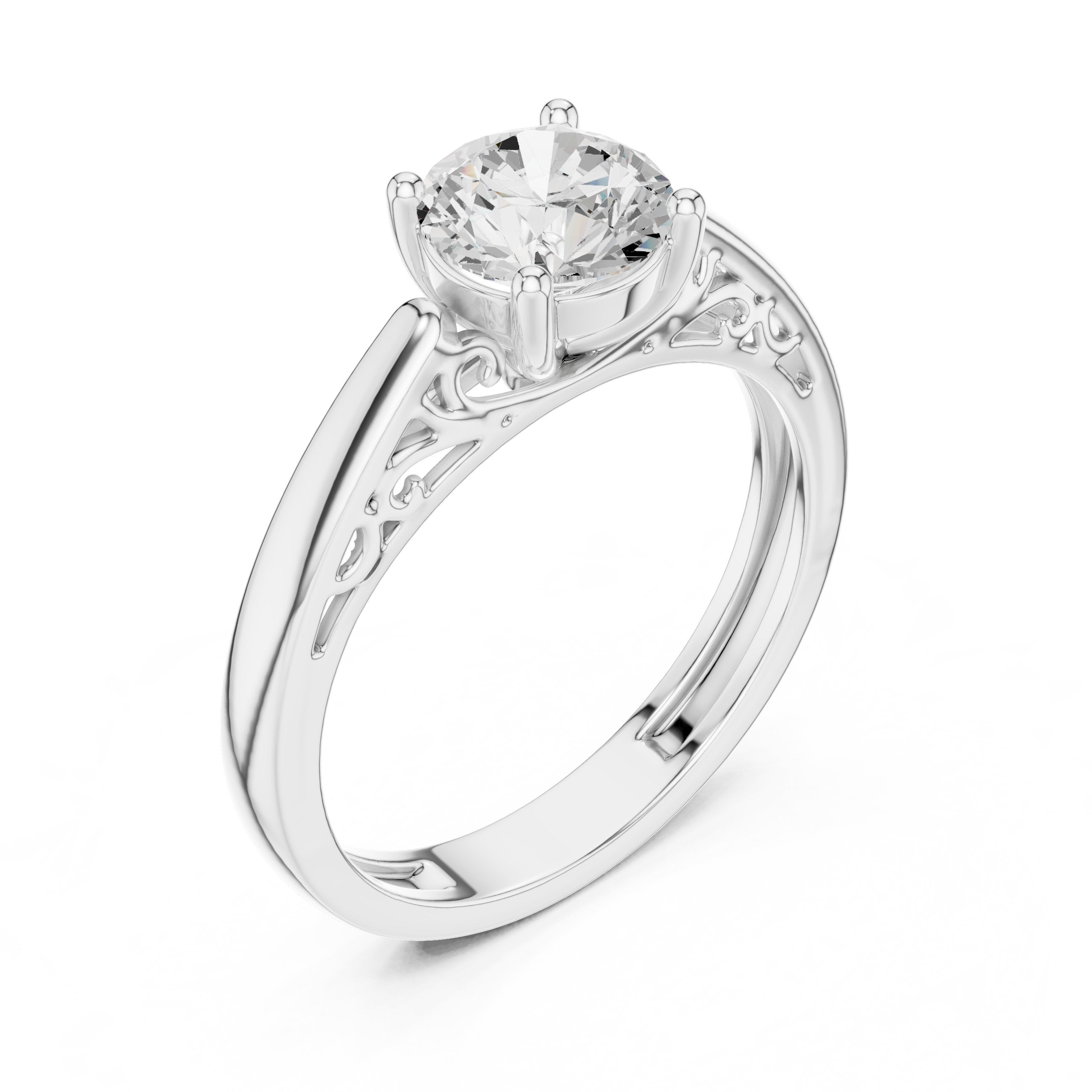 Round Diamond Solitaire Engagement Ring with Decorative Open Shoulders in White Gold - VYKA Diamonds