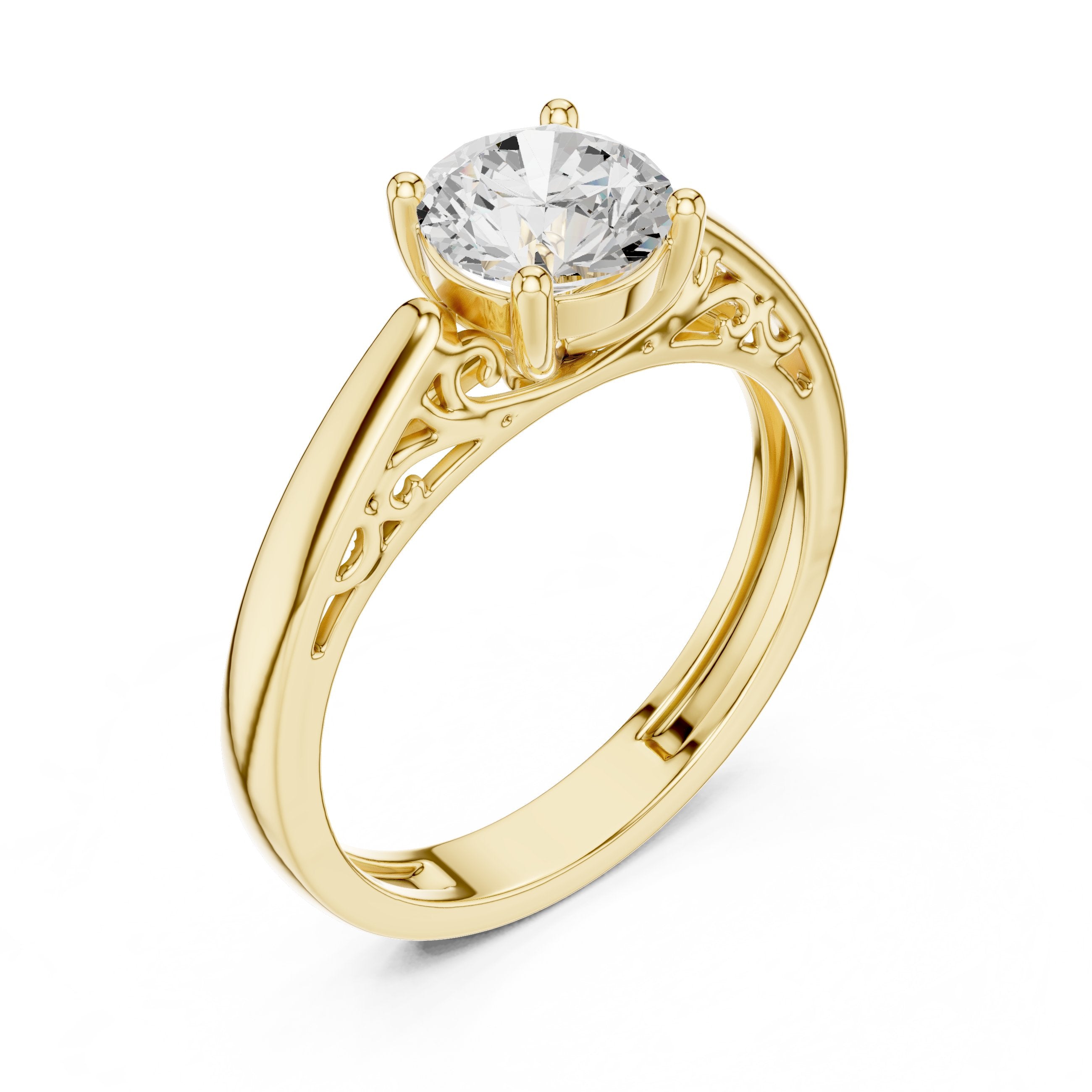 Round Diamond Solitaire Engagement Ring with Decorative Open Shoulders in Yellow Gold - VYKA Diamonds