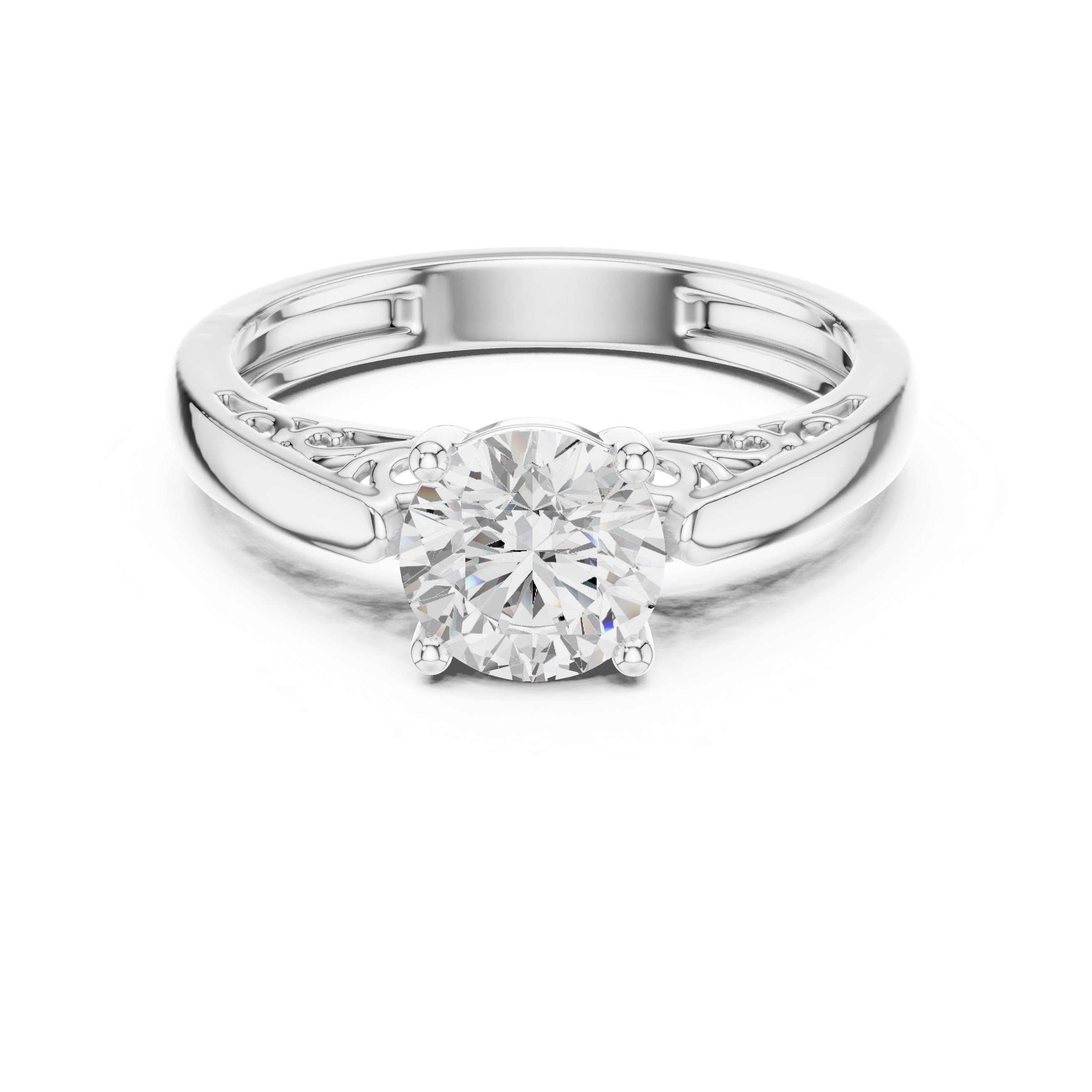 Round Diamond Solitaire Engagement Ring with Decorative Open Shoulders in White Gold - VYKA Diamonds