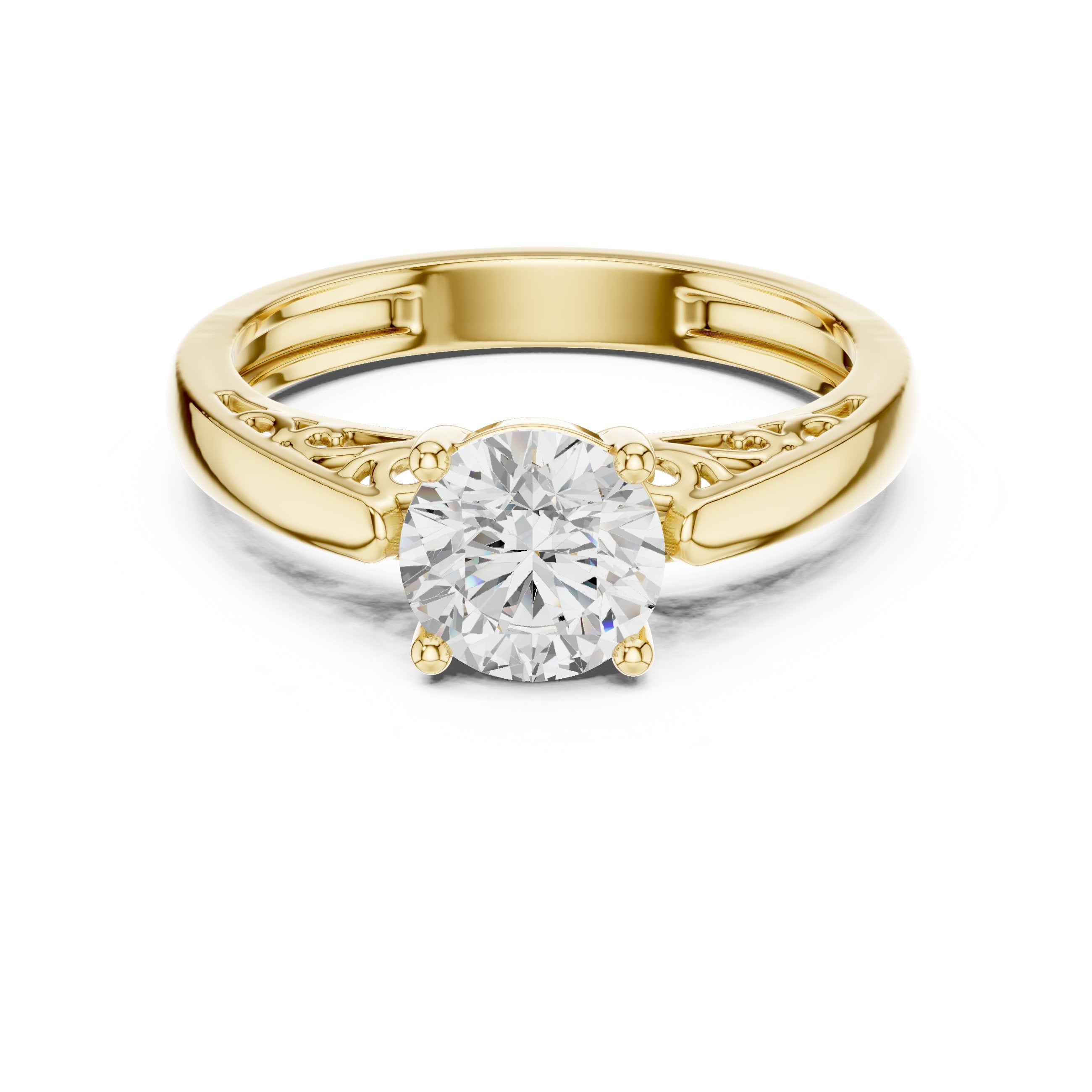 Round Diamond Solitaire Engagement Ring with Decorative Open Shoulders in Yellow Gold - VYKA Diamonds