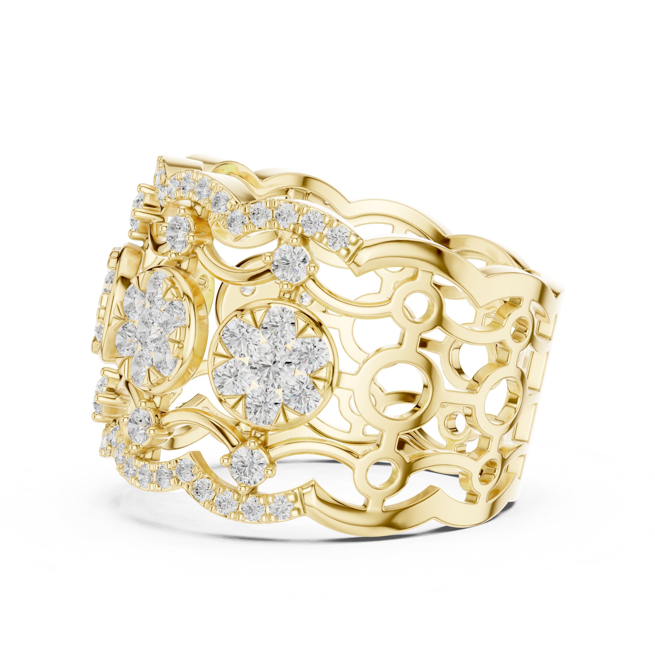 سوار ذكرى عريض بفيليغري بافيه من الألماس المستدير in Yellow Gold - VYKA Diamonds