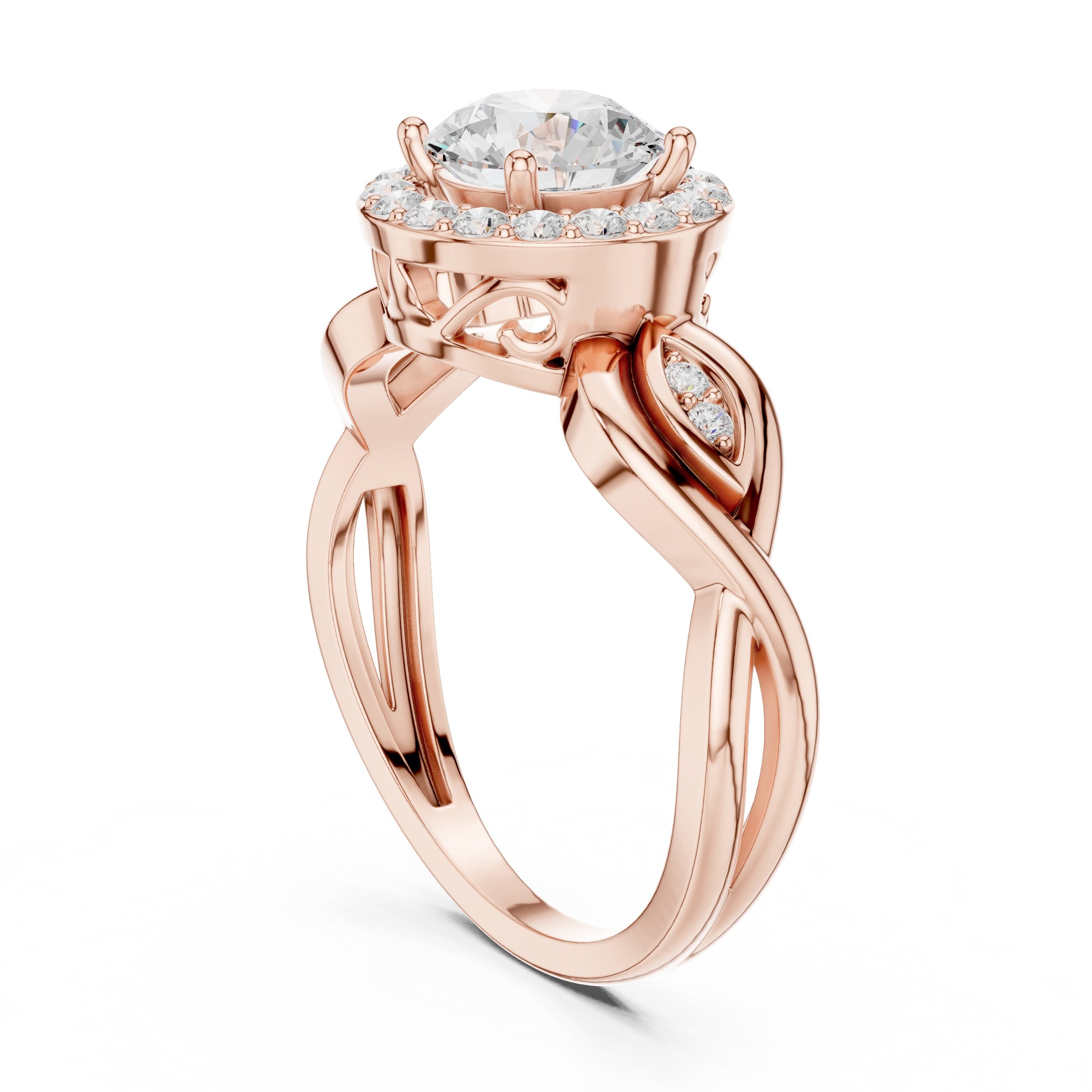 خاتم خطوبة بهالة من الألماس المستدير مع ساق بزخارف حلزونية in Rose Gold - VYKA Diamonds