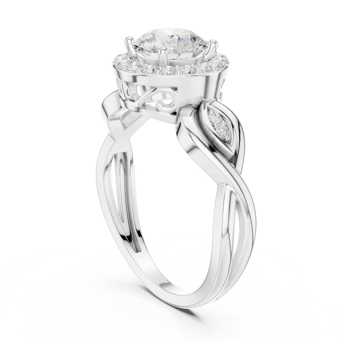 Round Diamond Halo Engagement Ring with Scrollwork Shank