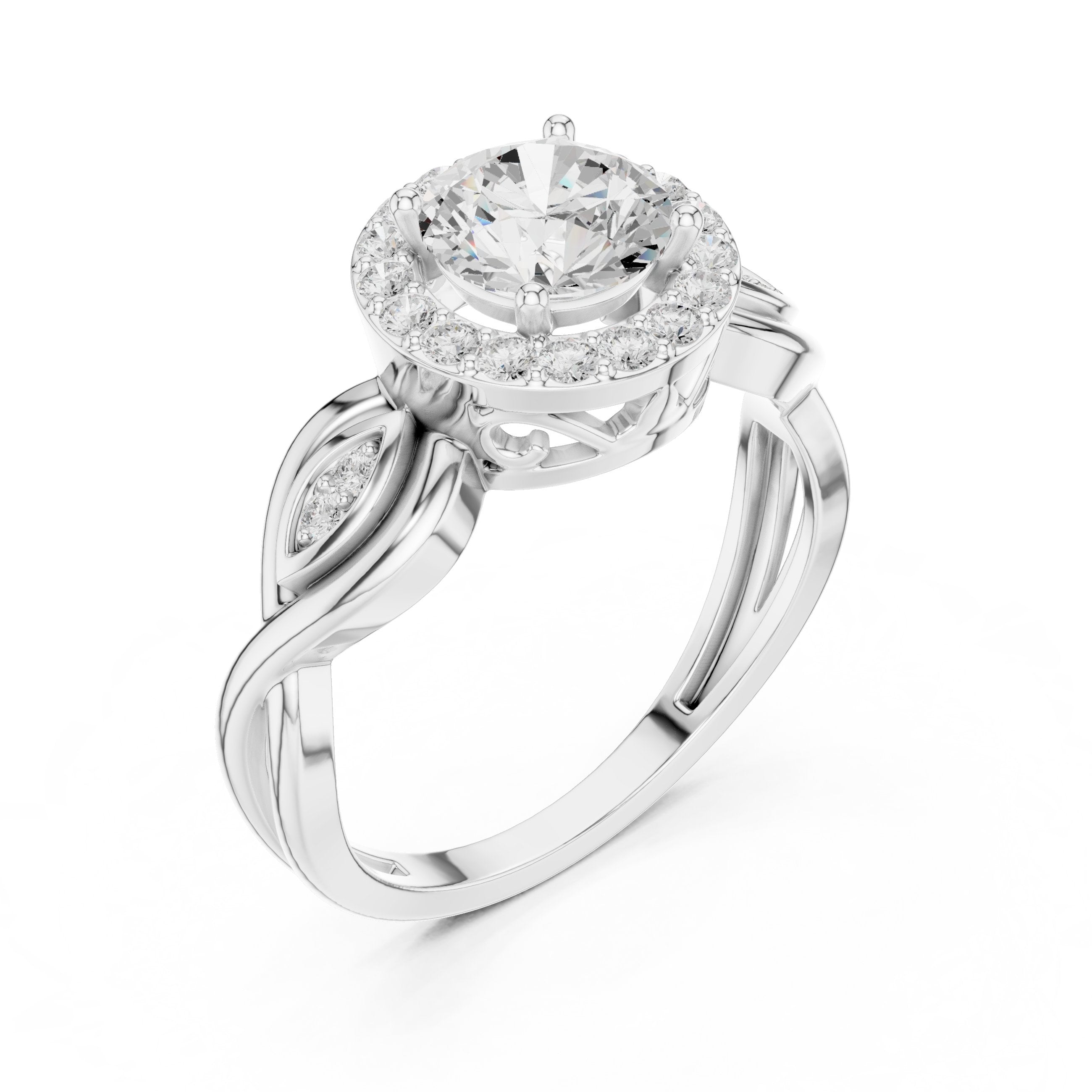 خاتم خطوبة بهالة من الألماس المستدير مع ساق بزخارف حلزونية in White Gold - VYKA Diamonds