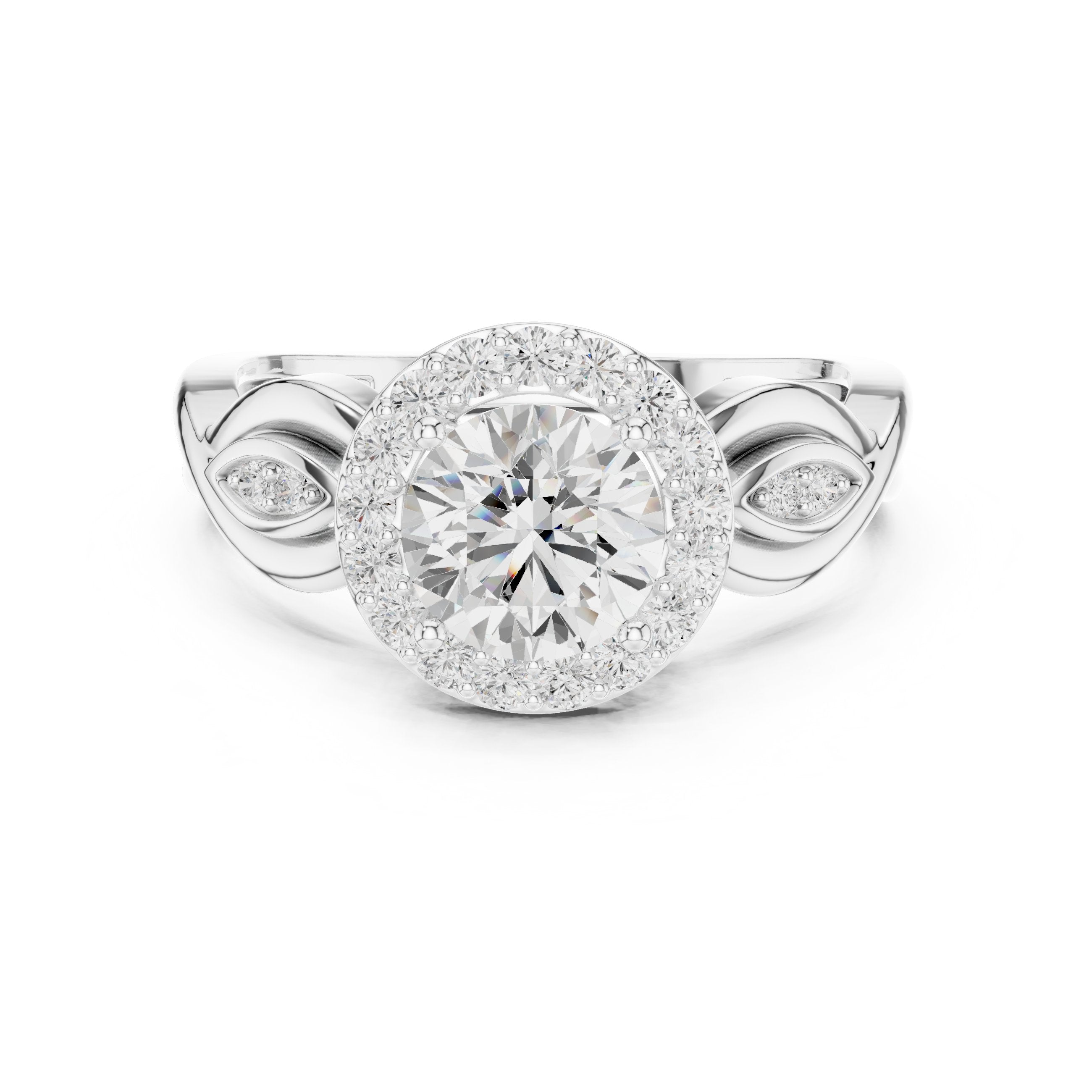 خاتم خطوبة بهالة من الألماس المستدير مع ساق بزخارف حلزونية in White Gold - VYKA Diamonds
