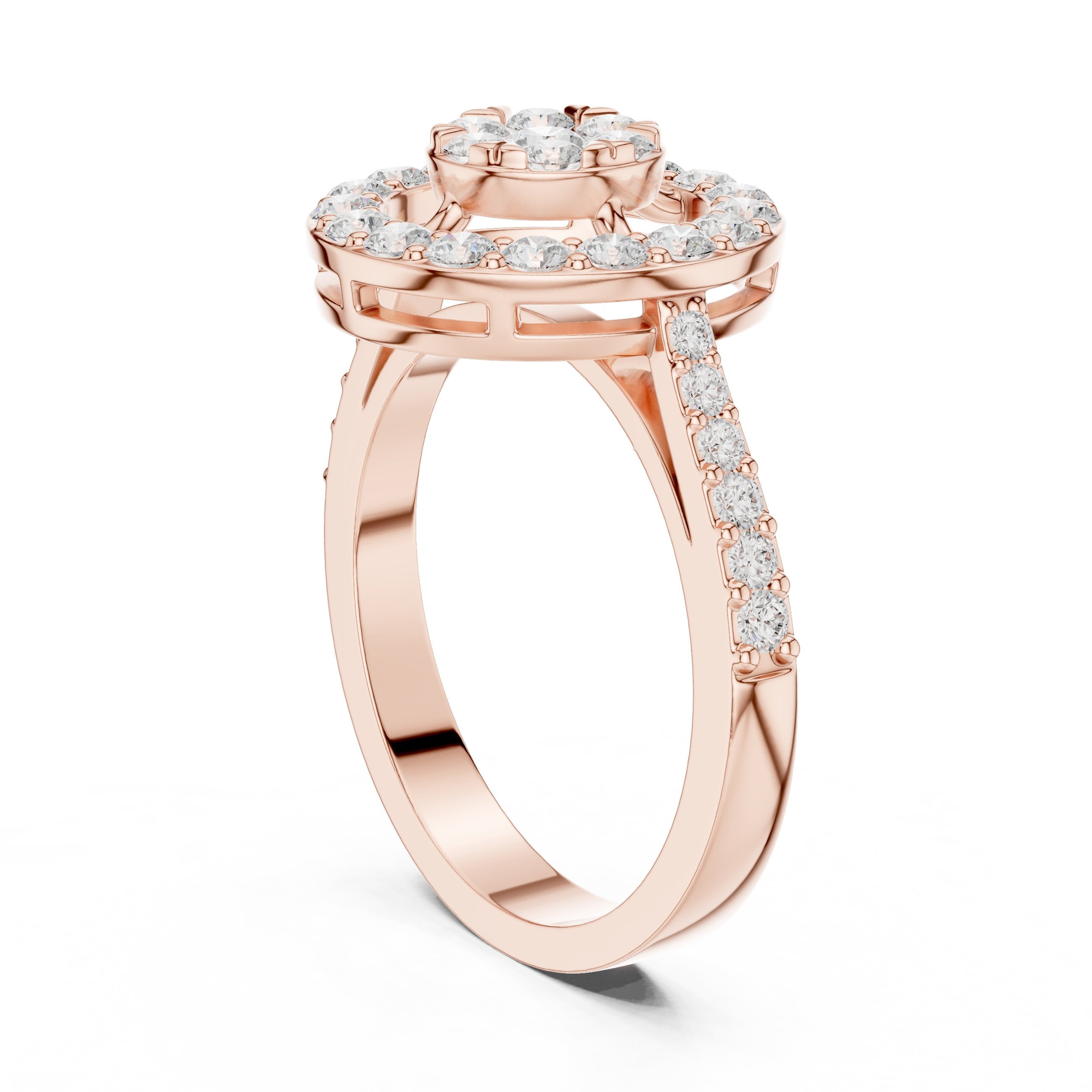 Round Diamond Constellation Cluster Halo Engagement Ring with Split Shank Pavé Band in Rose Gold - VYKA Diamonds