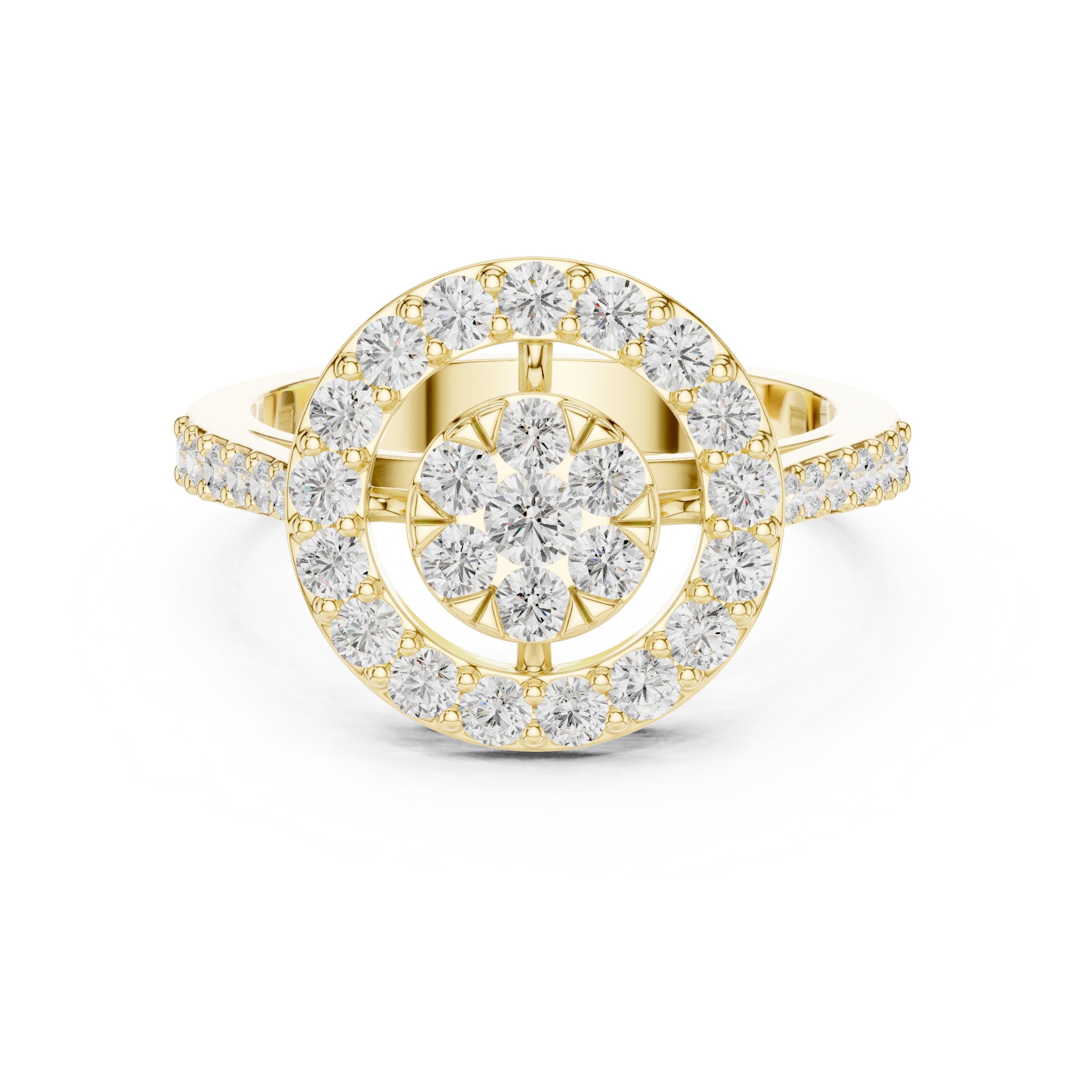 Round Diamond Constellation Cluster Halo Engagement Ring with Split Shank Pavé Band in Yellow Gold - VYKA Diamonds