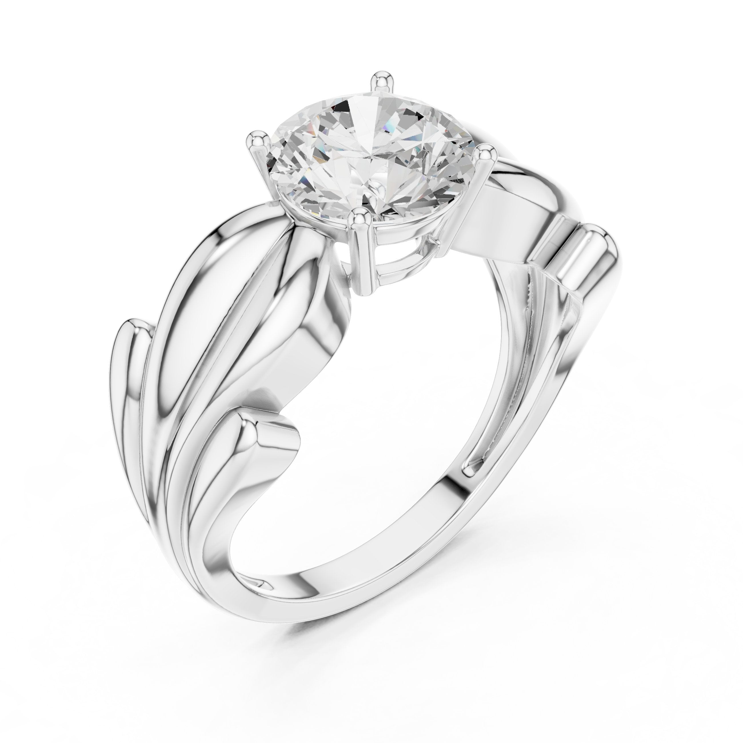Round Diamond Solitaire Engagement Ring with Knot Detail Wide Band in White Gold - VYKA Diamonds