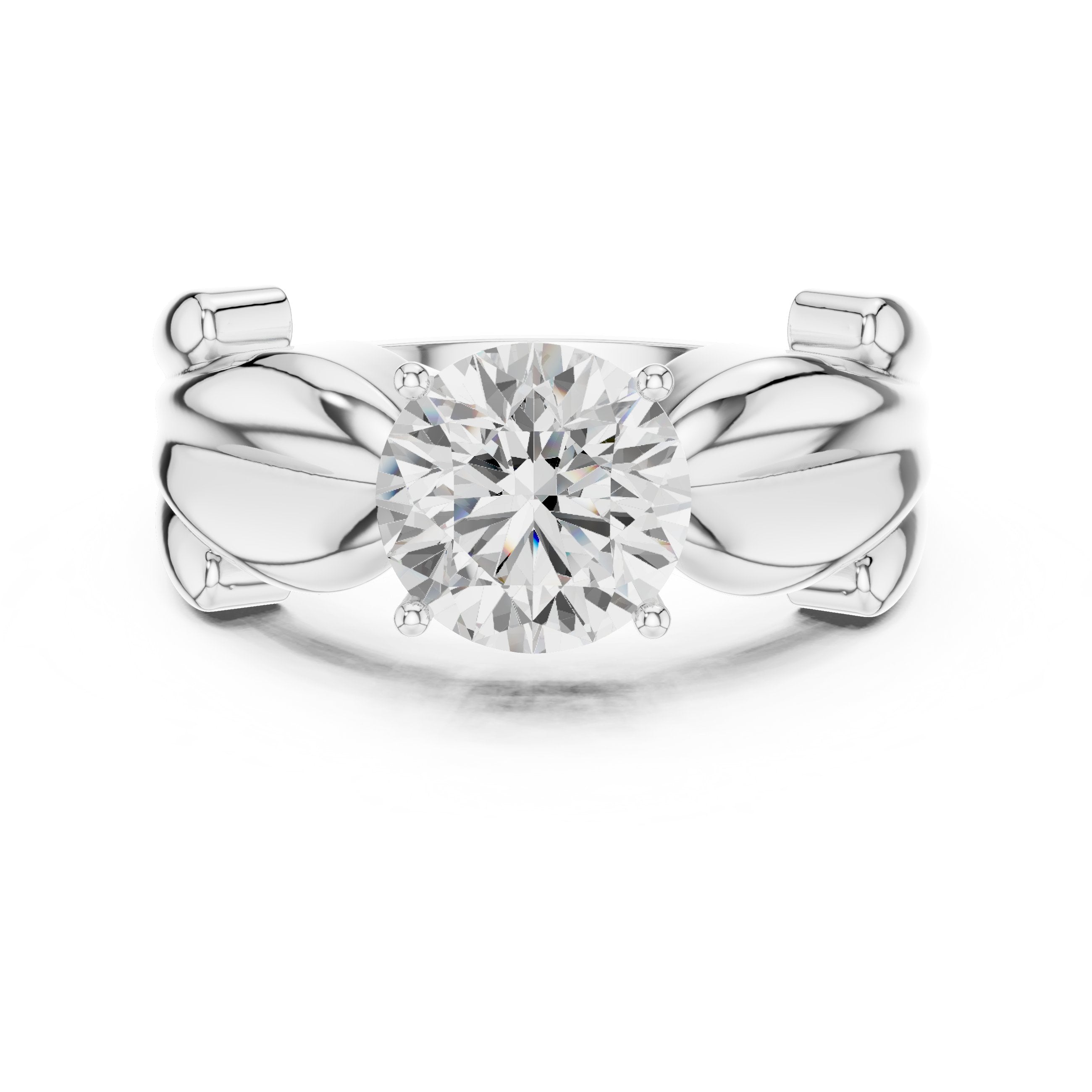 Round Diamond Solitaire Engagement Ring with Knot Detail Wide Band in White Gold - VYKA Diamonds