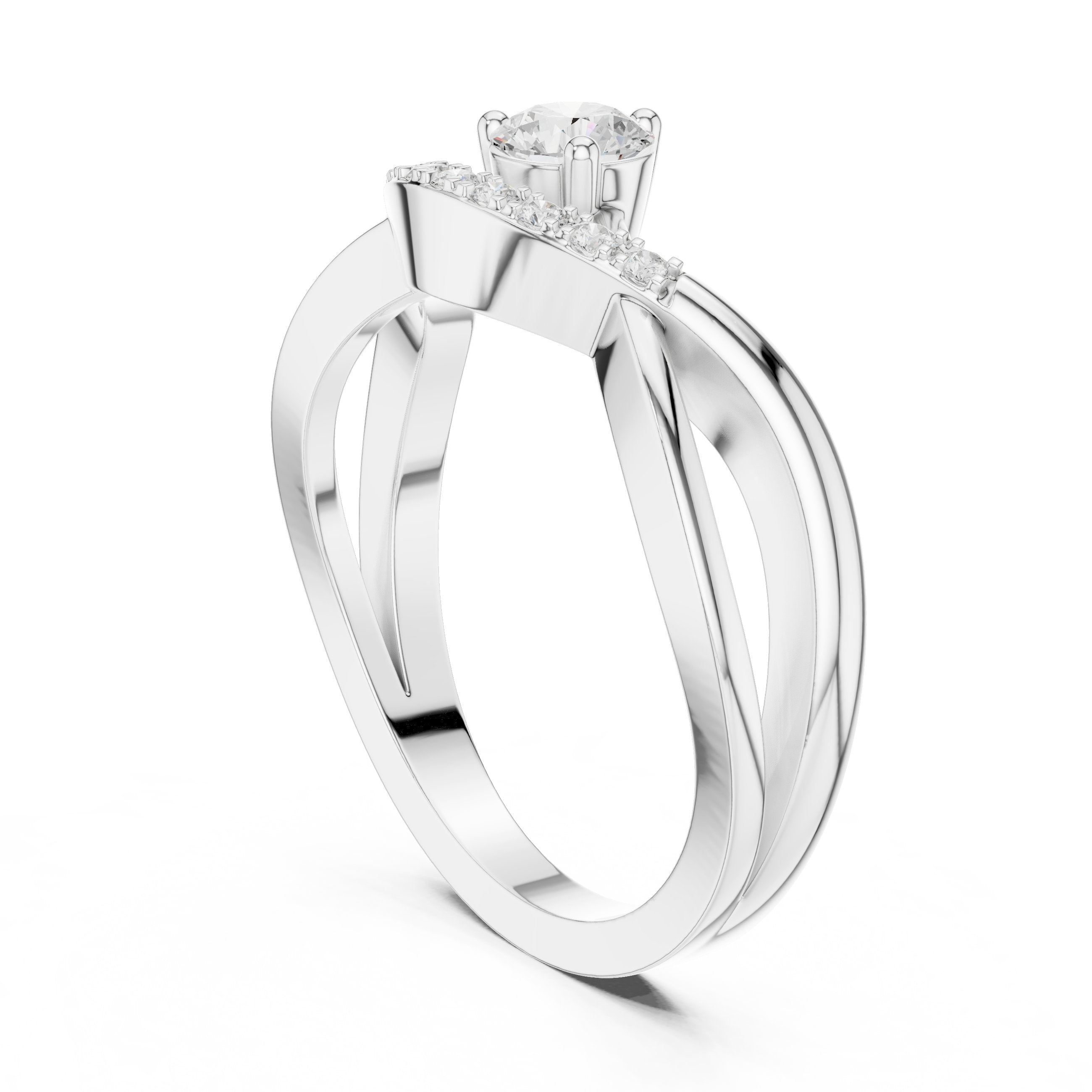 Round Diamond Engagement Ring with Pavé Chevron Bypass Shank in White Gold - VYKA Diamonds