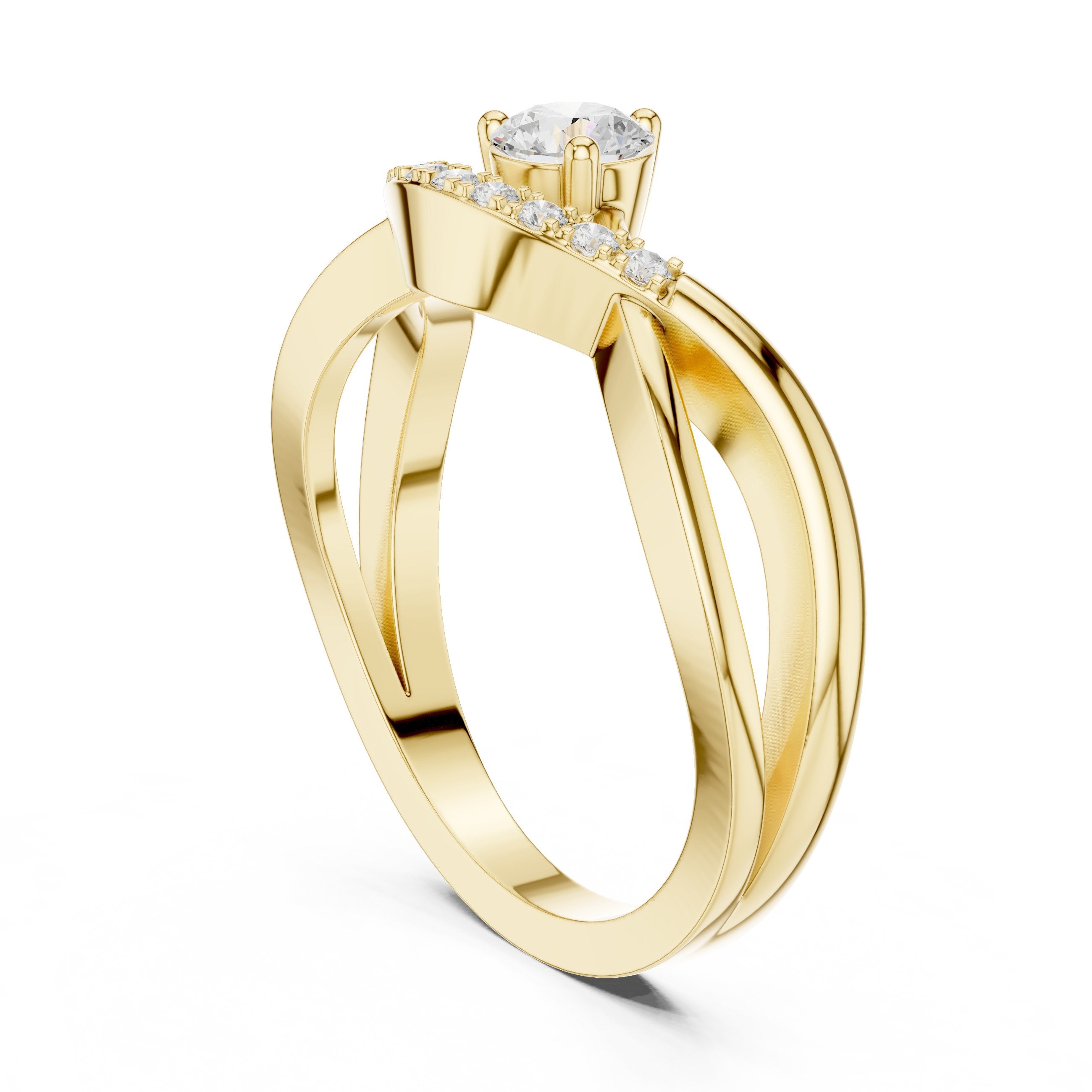 Round Diamond Engagement Ring with Pavé Chevron Bypass Shank in Yellow Gold - VYKA Diamonds