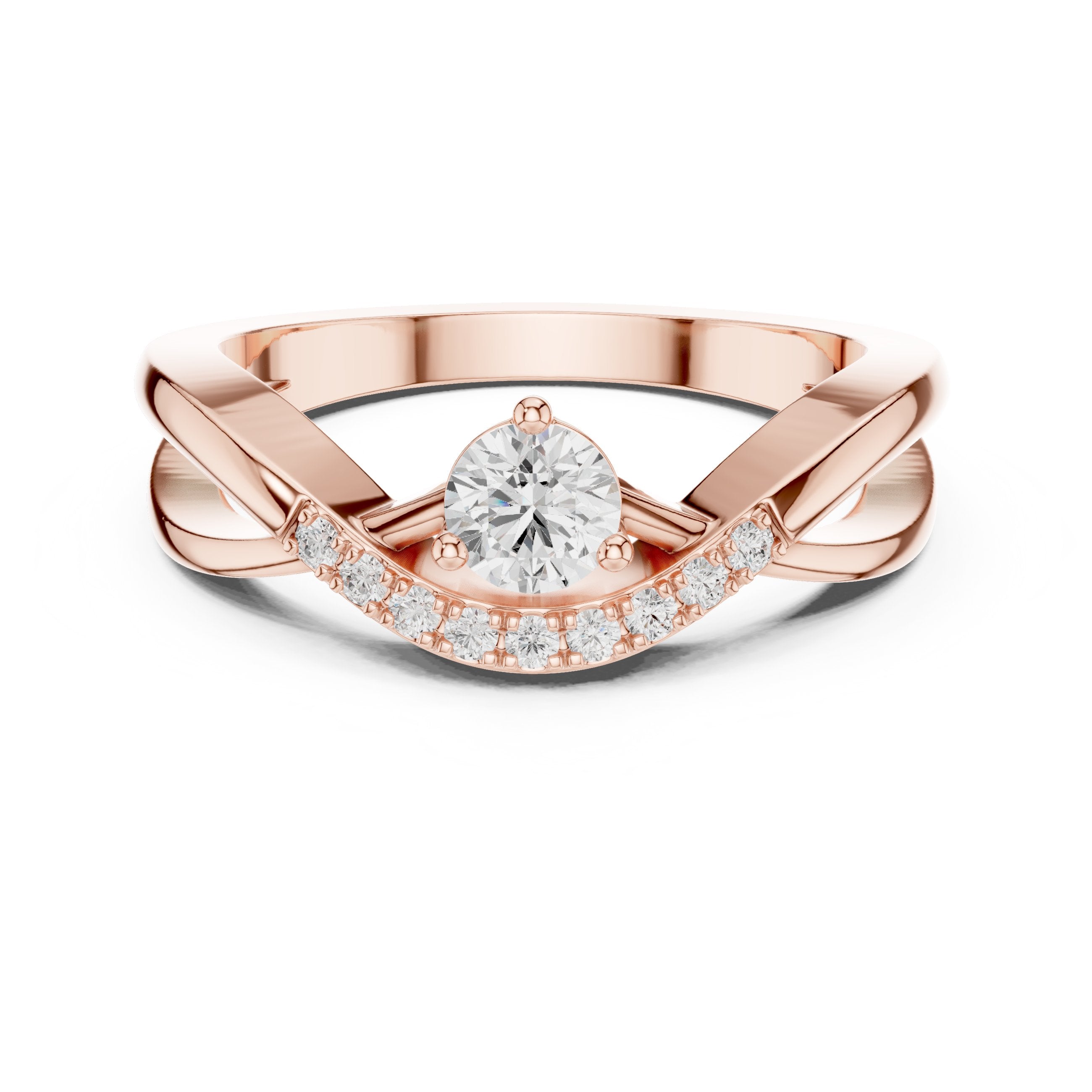 Round Diamond Engagement Ring with Pavé Chevron Bypass Shank in Rose Gold - VYKA Diamonds