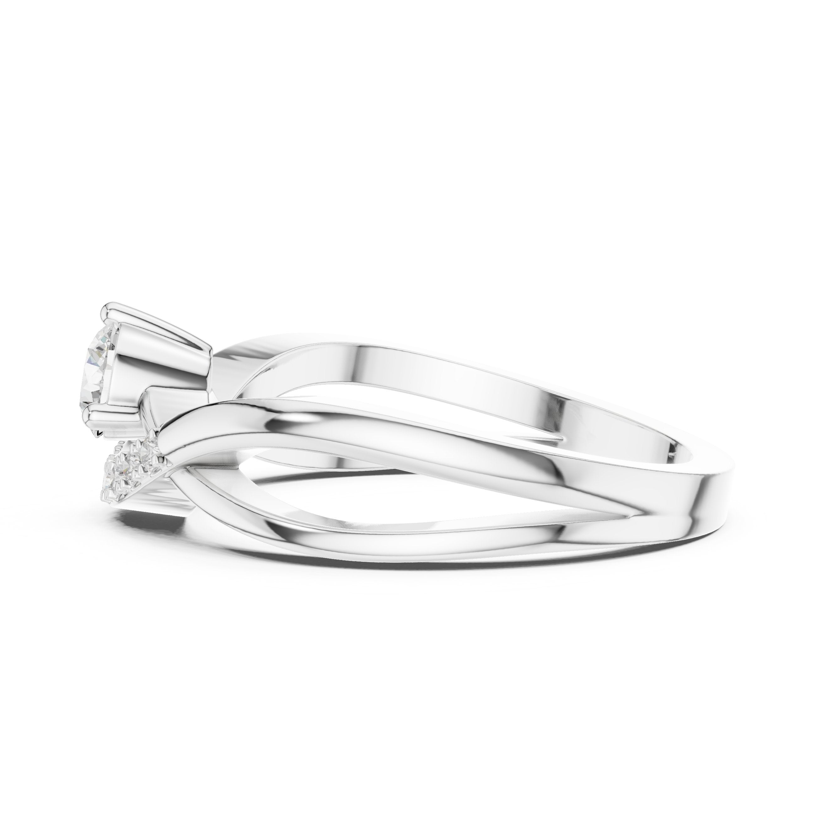 Round Diamond Engagement Ring with Pavé Chevron Bypass Shank in White Gold - VYKA Diamonds