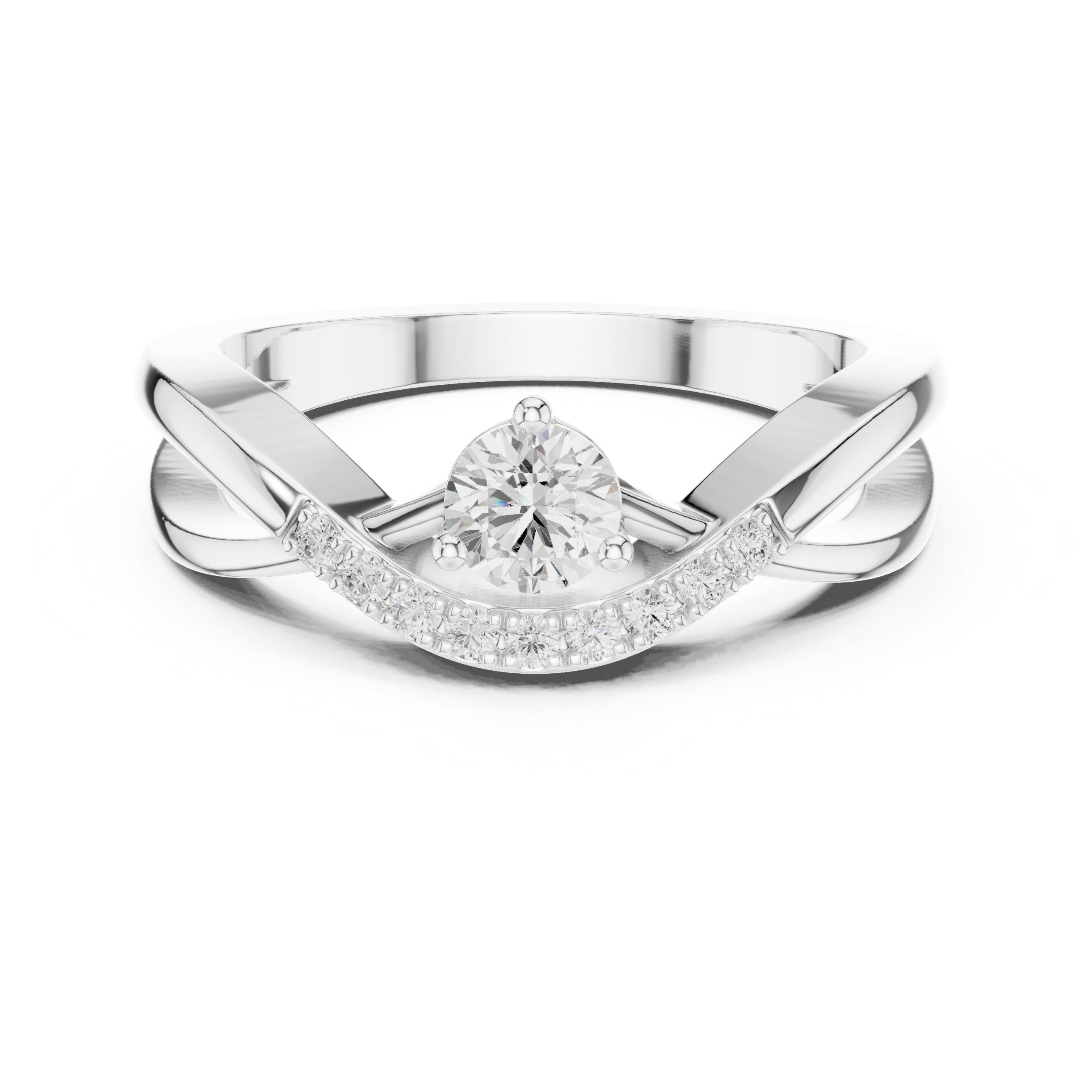 Round Diamond Engagement Ring with Pavé Chevron Bypass Shank in White Gold - VYKA Diamonds