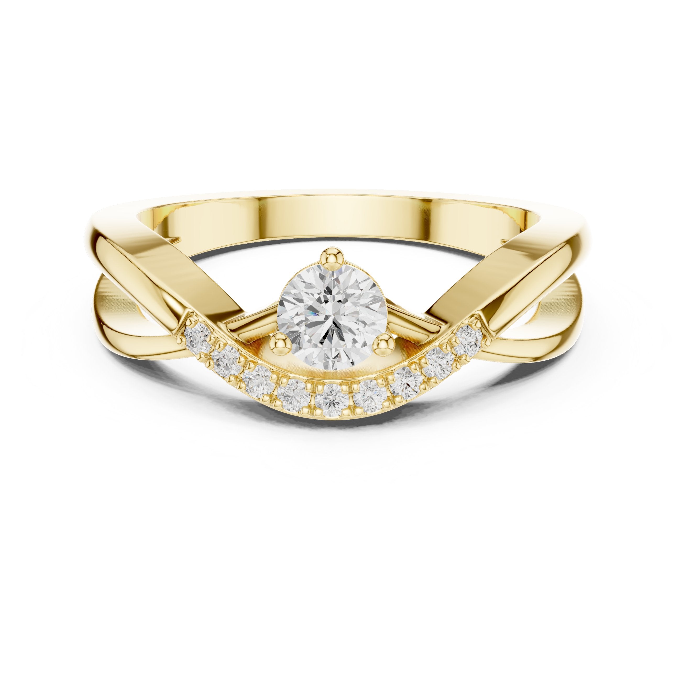 Round Diamond Engagement Ring with Pavé Chevron Bypass Shank in Yellow Gold - VYKA Diamonds