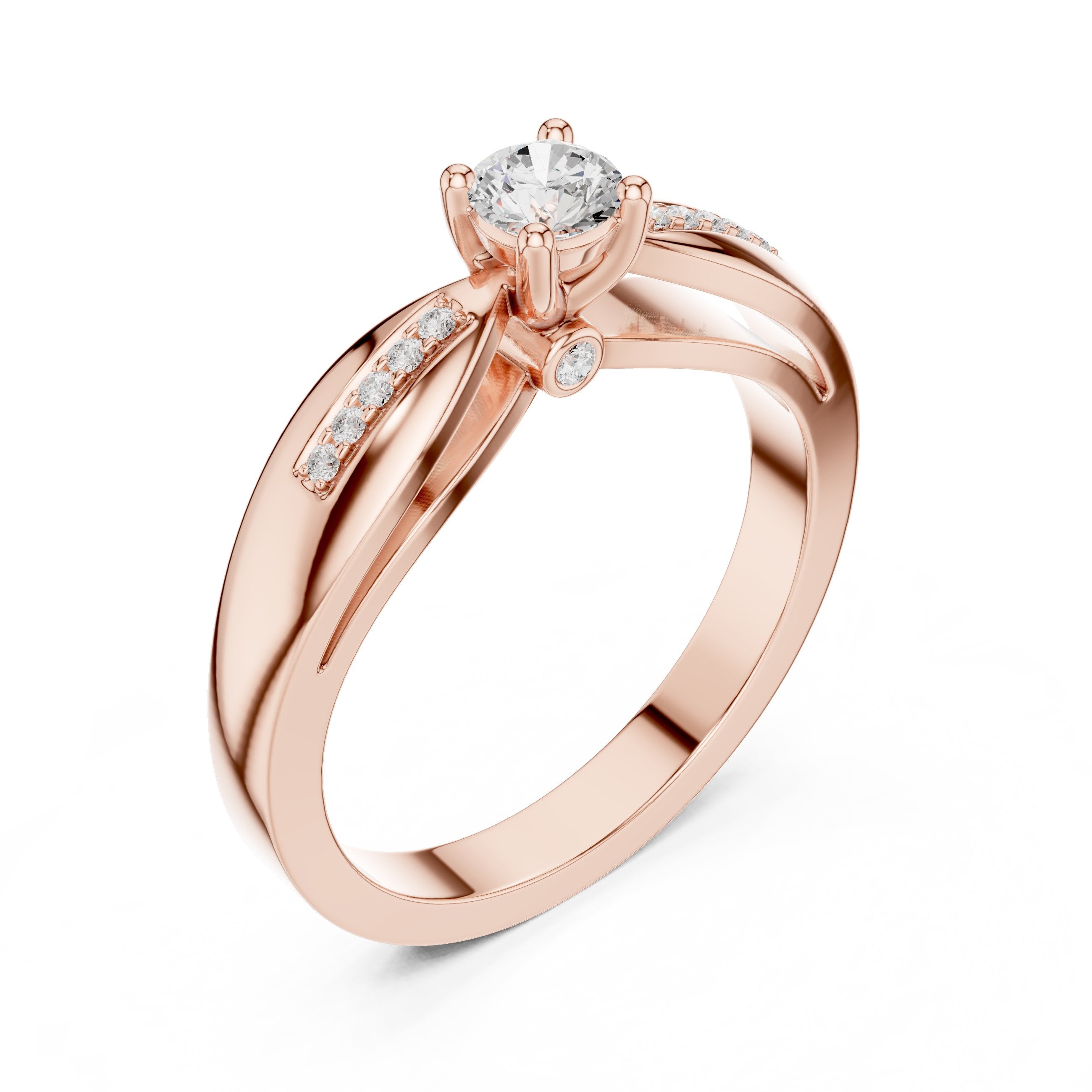 Round Diamond Engagement Ring with Pavé Chevron Bypass Shank in Rose Gold - VYKA Diamonds
