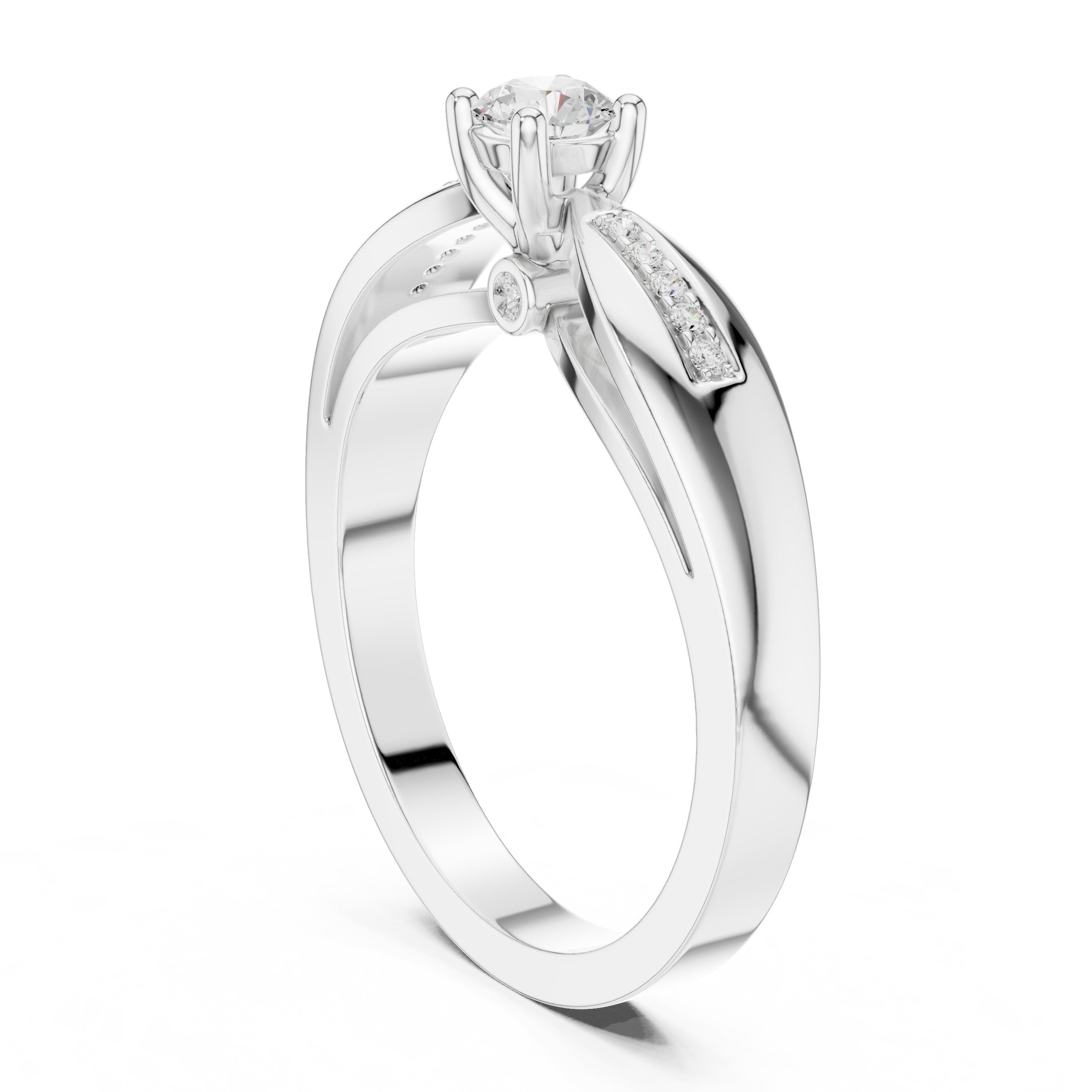 Round Diamond Engagement Ring with Pavé Chevron Bypass Shank in White Gold - VYKA Diamonds