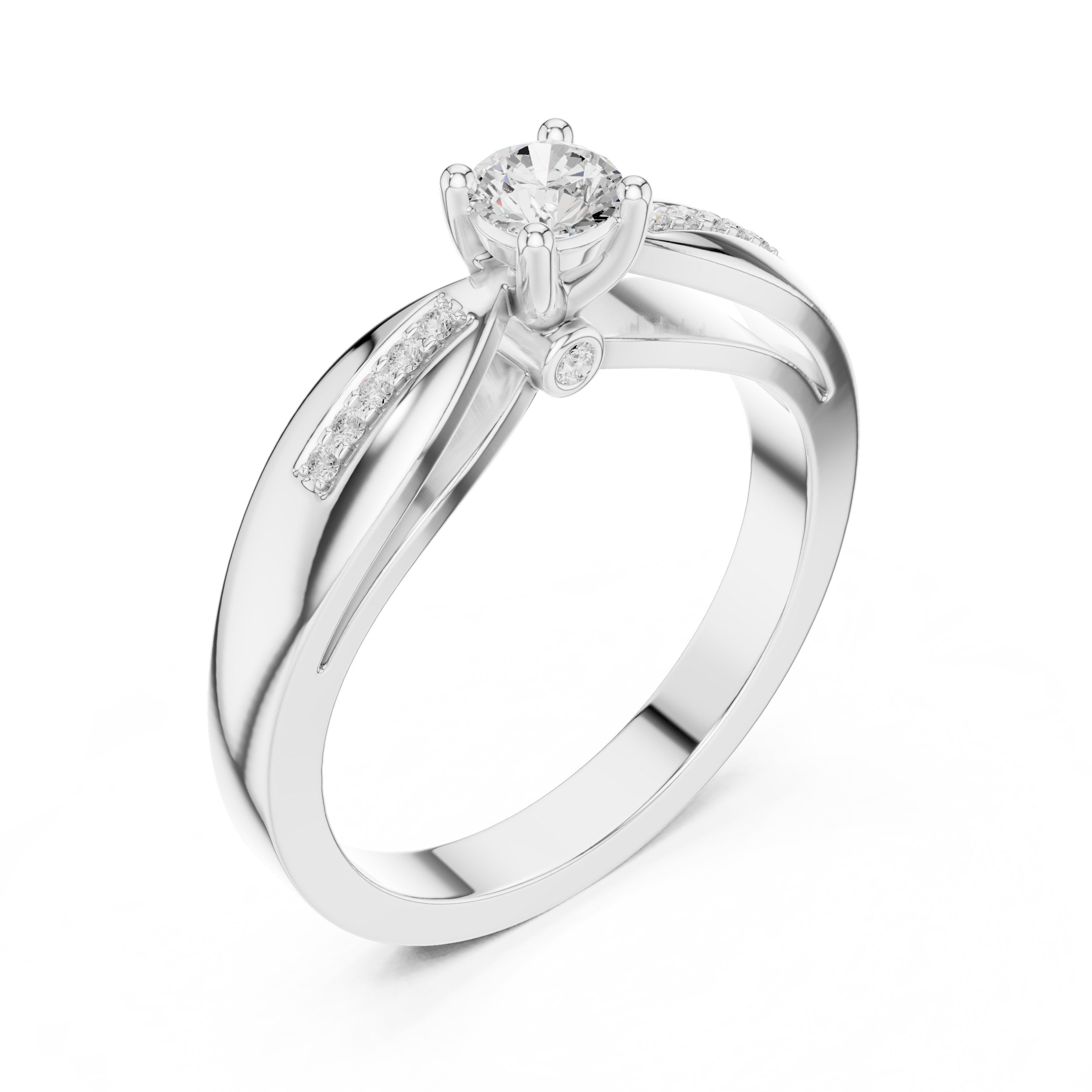 Round Diamond Engagement Ring with Pavé Chevron Bypass Shank in White Gold - VYKA Diamonds