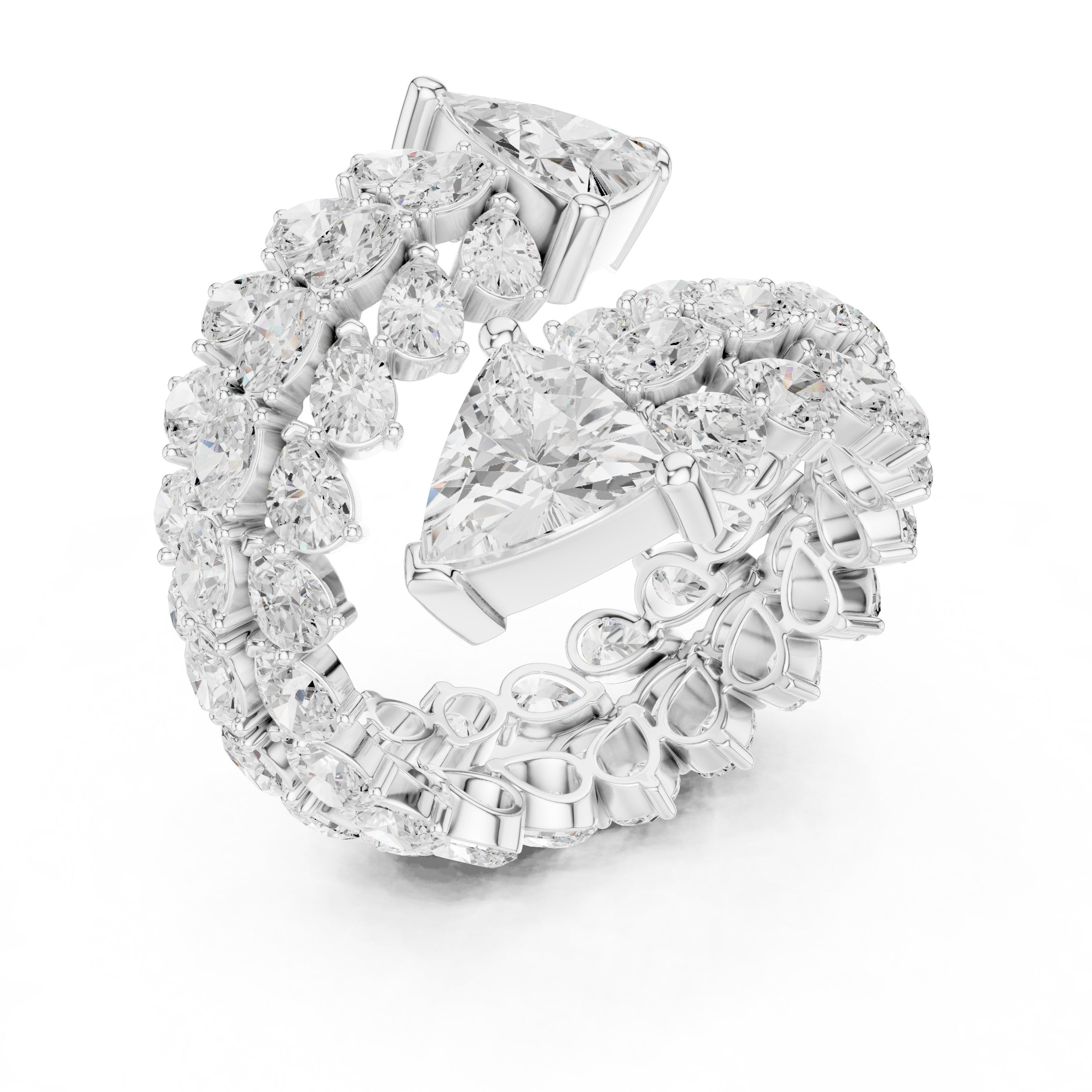 Trilliant Cut Toi et Moi Diamond Engagement Ring with Cluster Pavé Halo in White Gold - VYKA Diamonds