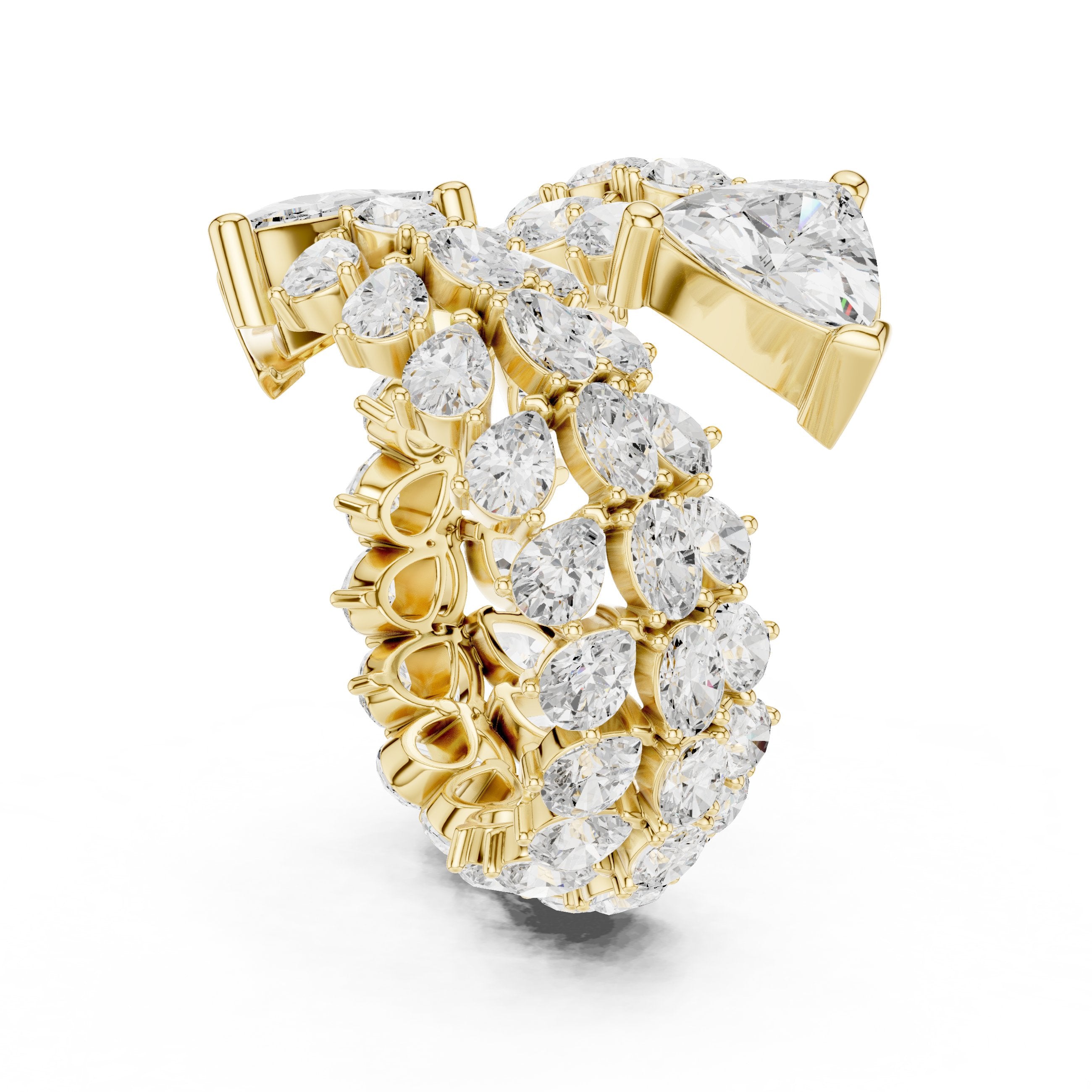 Trilliant Cut Toi et Moi Diamond Engagement Ring with Cluster Pavé Halo in Yellow Gold - VYKA Diamonds