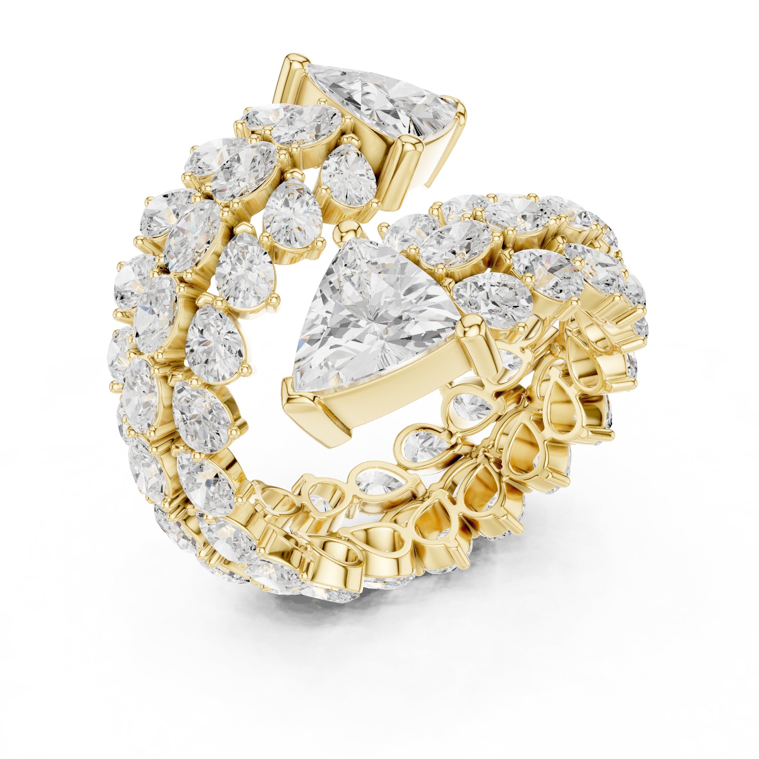 Trilliant Cut Toi et Moi Diamond Engagement Ring with Cluster Pavé Halo in Yellow Gold - VYKA Diamonds