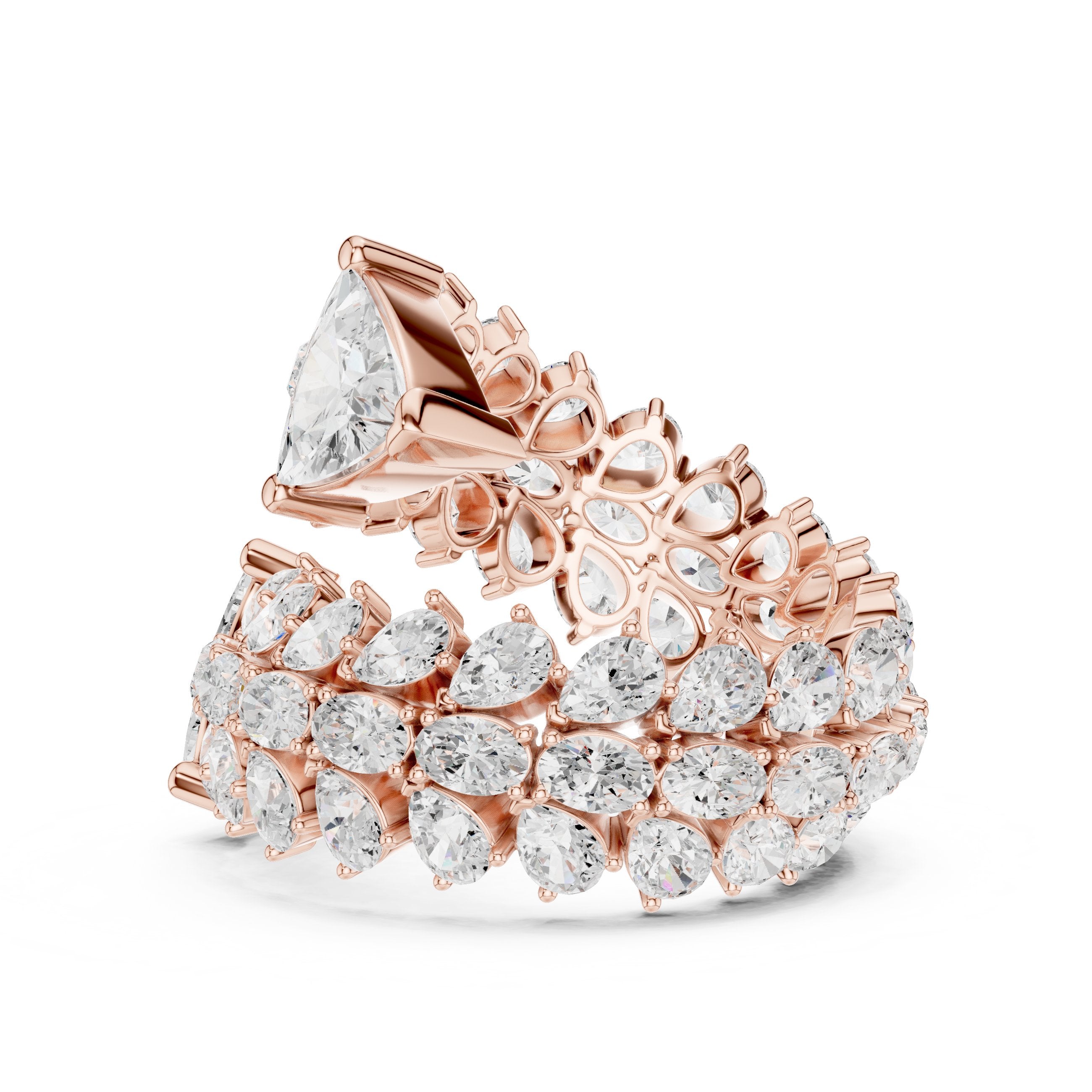 Trilliant Cut Toi et Moi Diamond Engagement Ring with Cluster Pavé Halo in Rose Gold - VYKA Diamonds