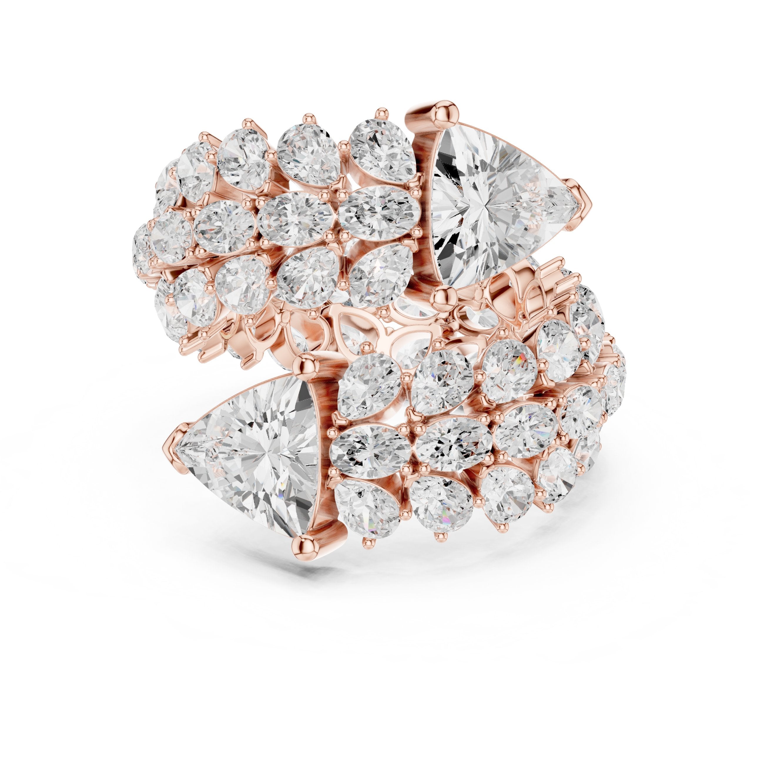 Trilliant Cut Toi et Moi Diamond Engagement Ring with Cluster Pavé Halo in Rose Gold - VYKA Diamonds