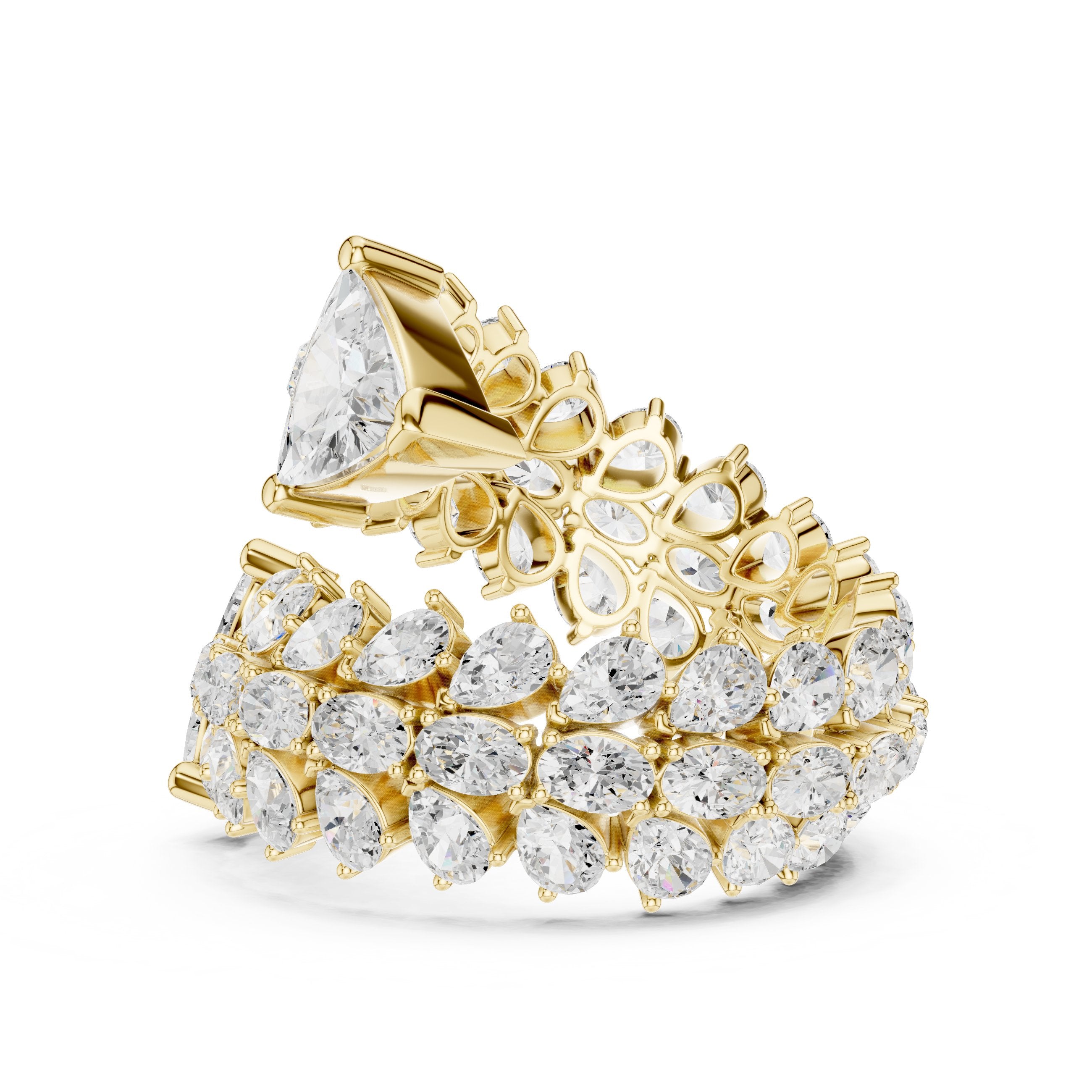 Trilliant Cut Toi et Moi Diamond Engagement Ring with Cluster Pavé Halo in Yellow Gold - VYKA Diamonds
