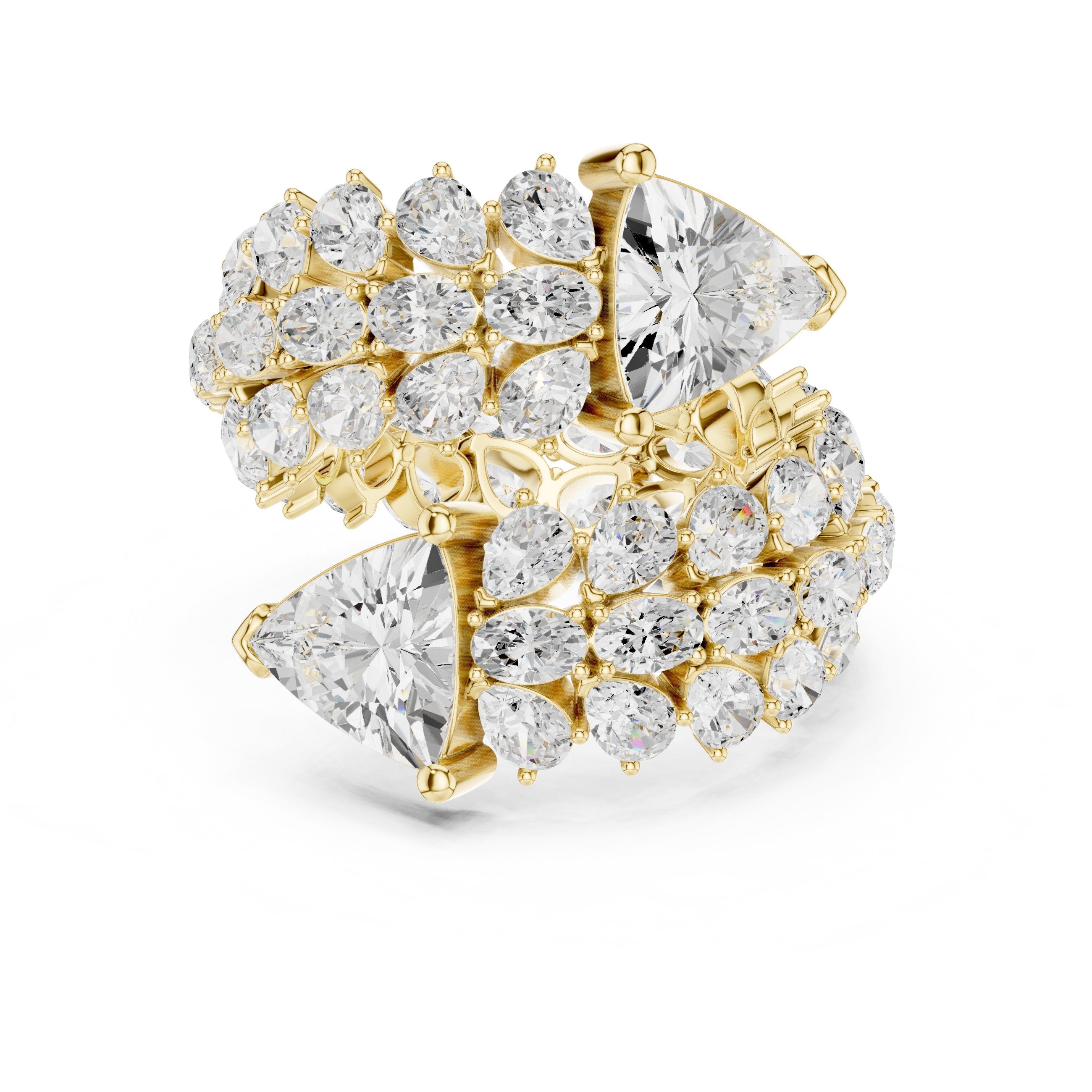 Trilliant Cut Toi et Moi Diamond Engagement Ring with Cluster Pavé Halo in Yellow Gold - VYKA Diamonds