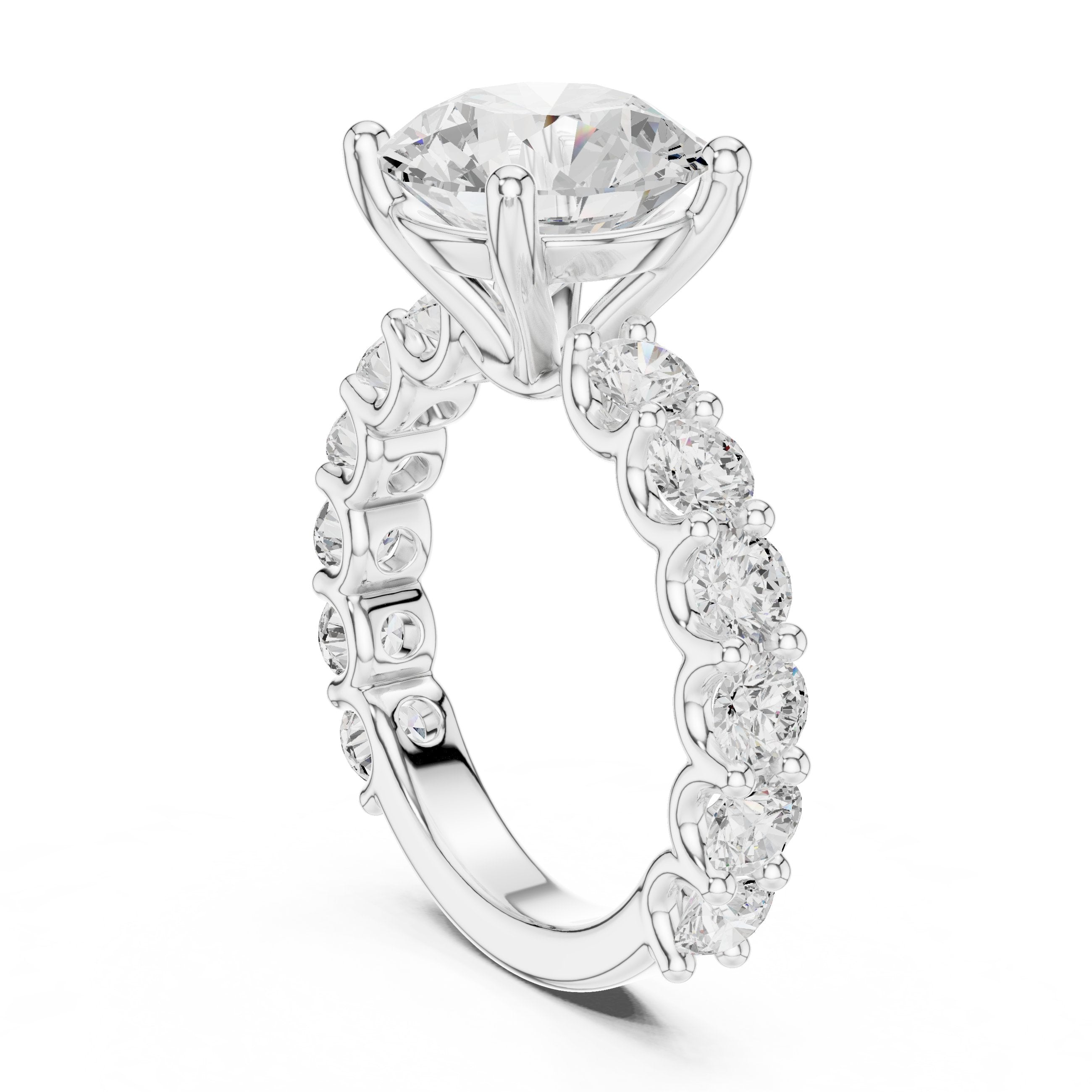 Round Diamond Engagement Ring with Spaced Pavé Side Accents and Hidden Halo in White Gold - VYKA Diamonds