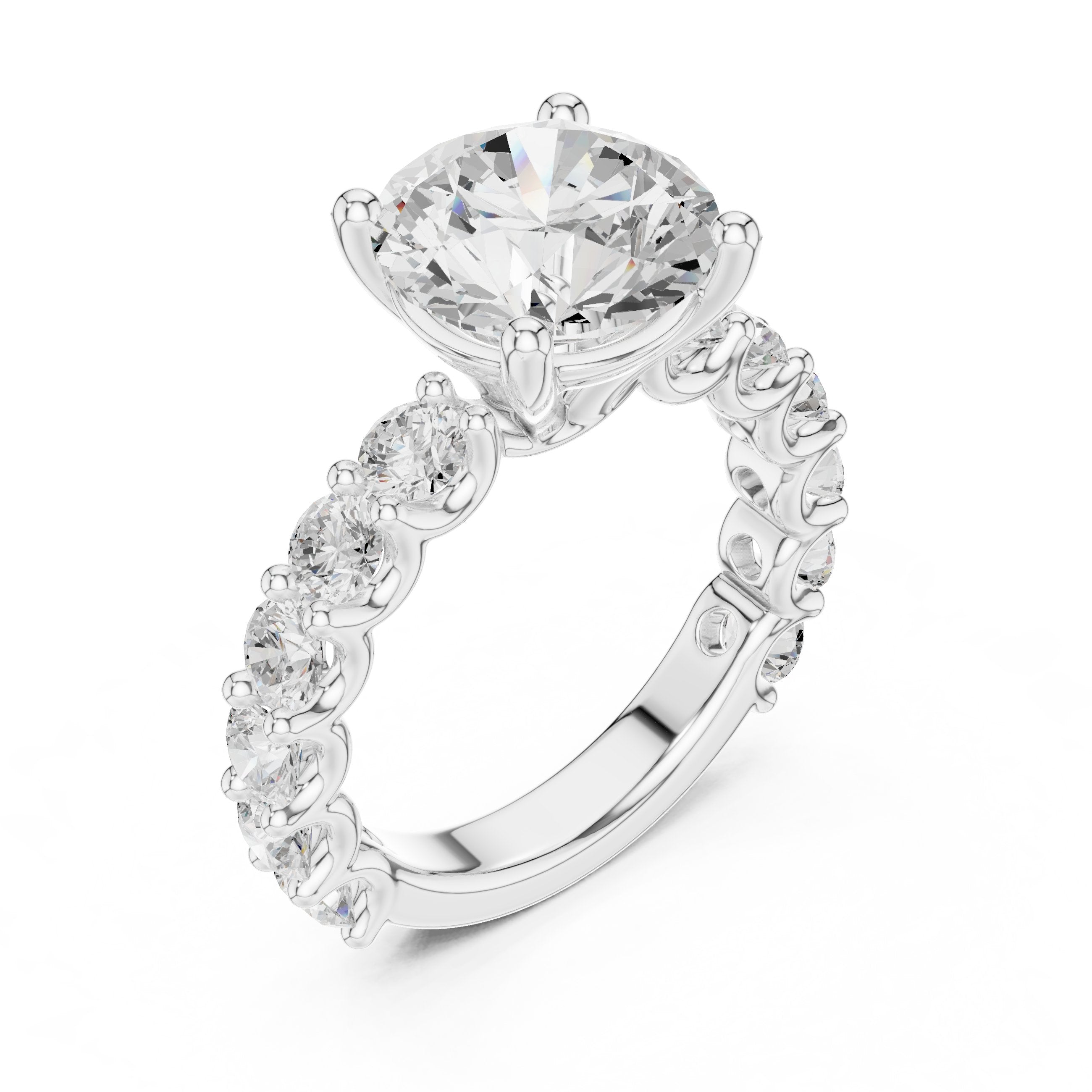 Round Diamond Engagement Ring with Spaced Pavé Side Accents and Hidden Halo in White Gold - VYKA Diamonds