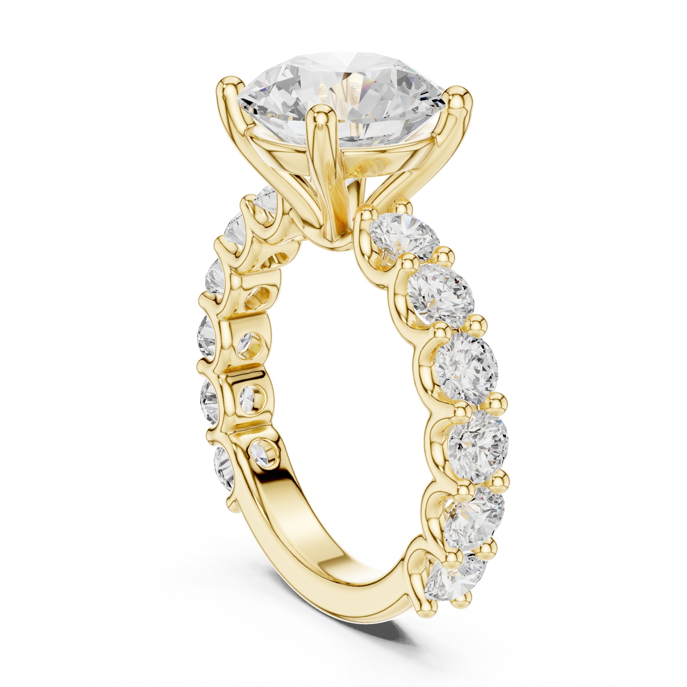 Round Diamond Engagement Ring with Spaced Pavé Side Accents and Hidden Halo in Yellow Gold - VYKA Diamonds