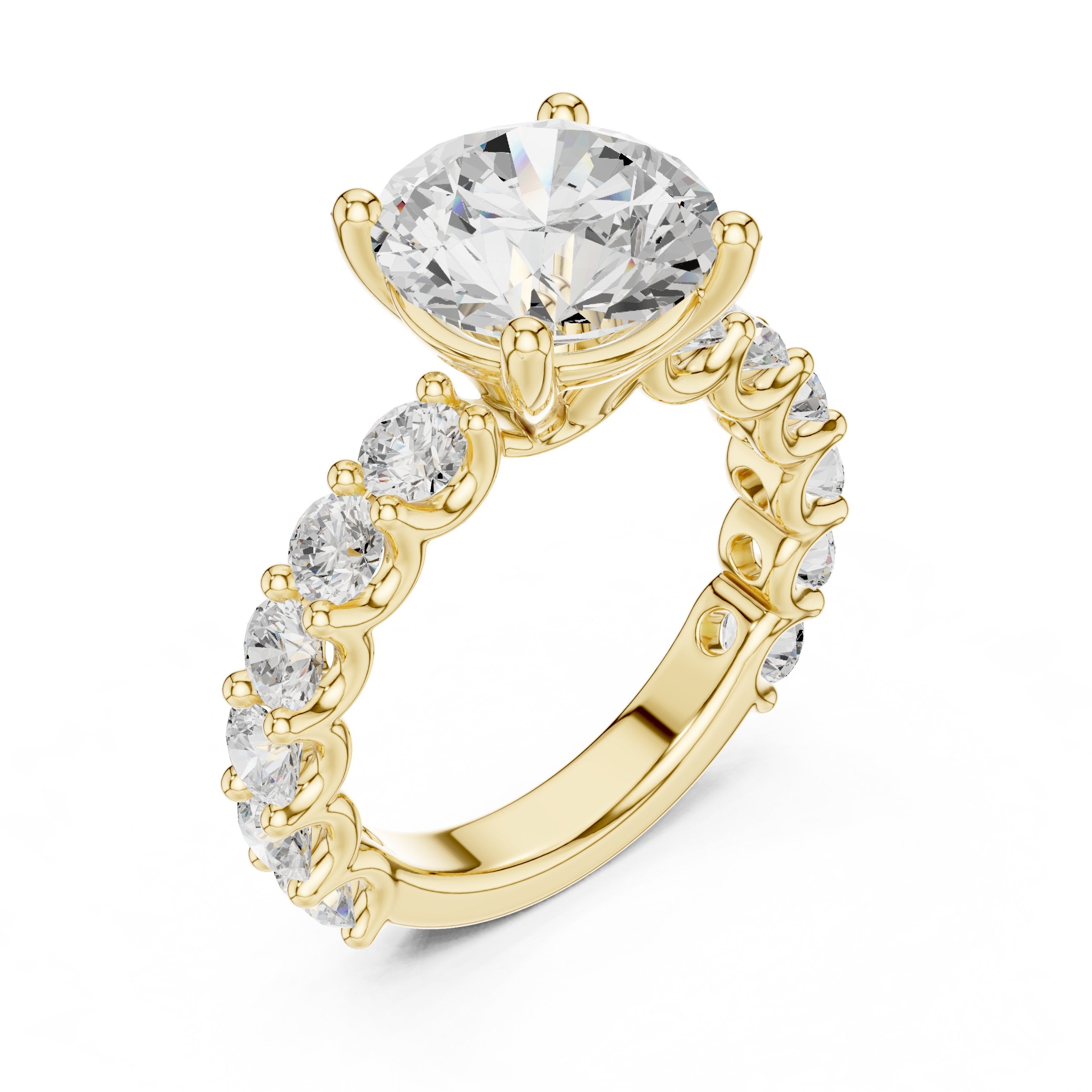 Round Diamond Engagement Ring with Spaced Pavé Side Accents and Hidden Halo in Yellow Gold - VYKA Diamonds
