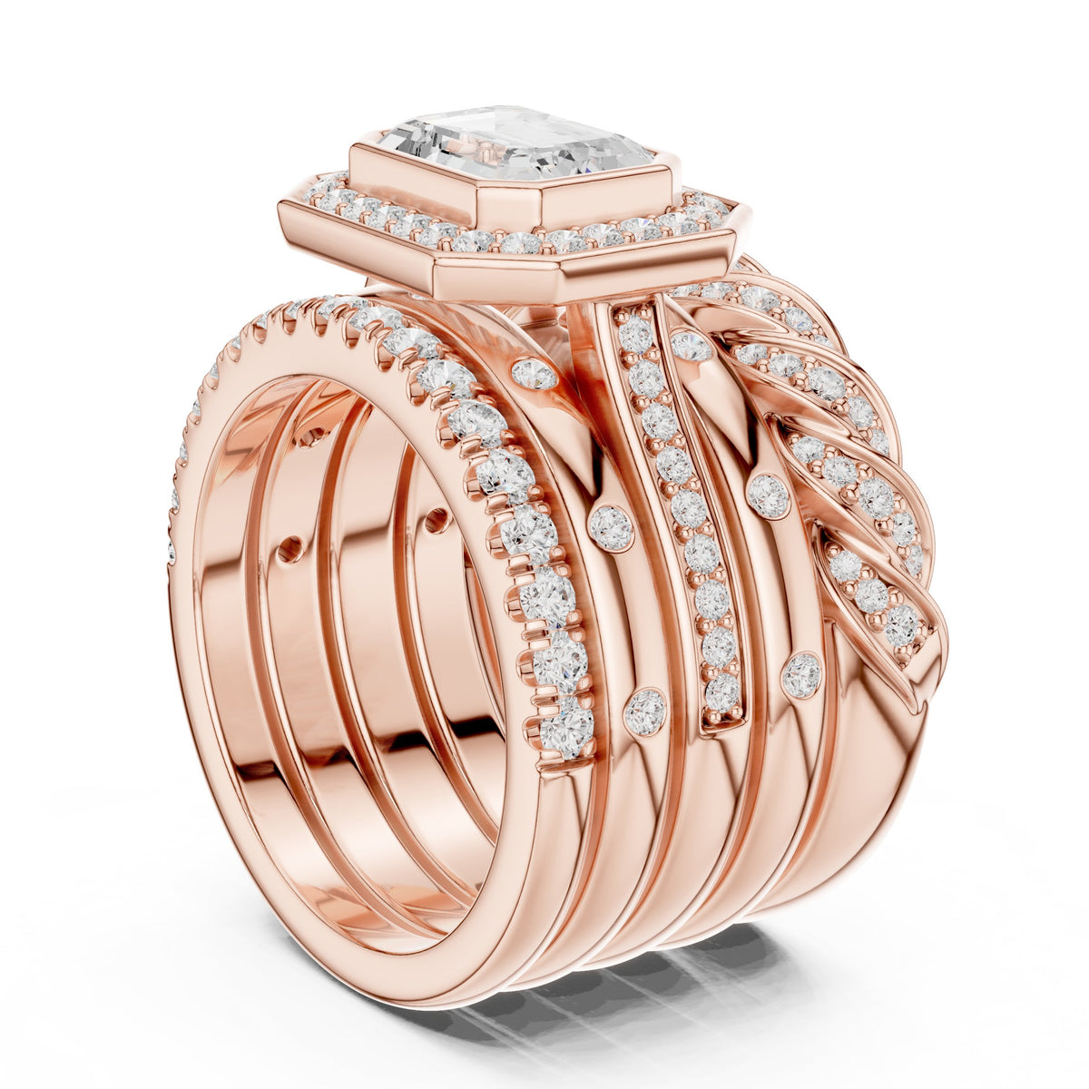 Emerald Cut Halo Engagement Ring with Stacked Multi-Band Pavé Wrap