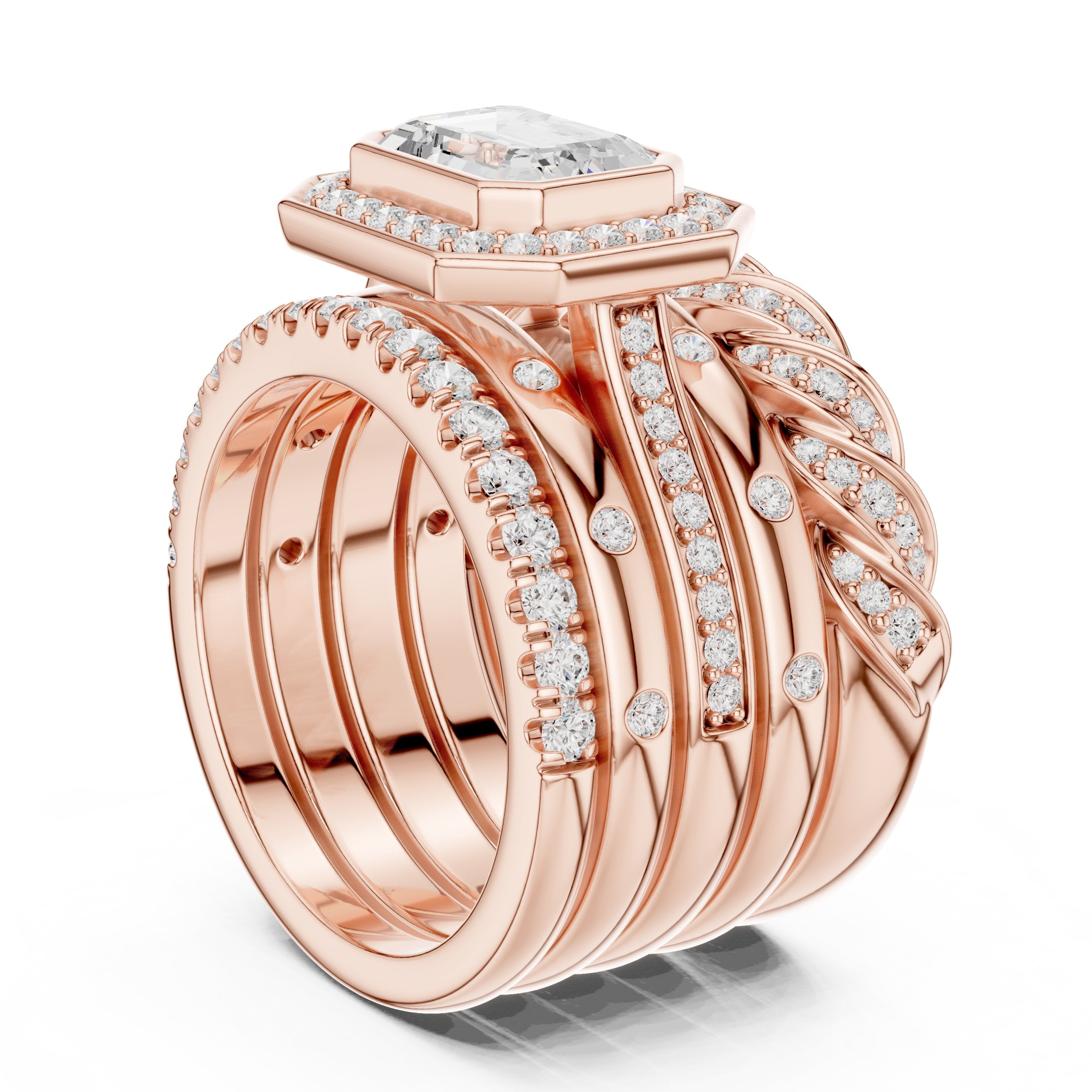 Emerald Cut Halo Engagement Ring with Stacked Multi-Band Pavé Wrap in Rose Gold - VYKA Diamonds