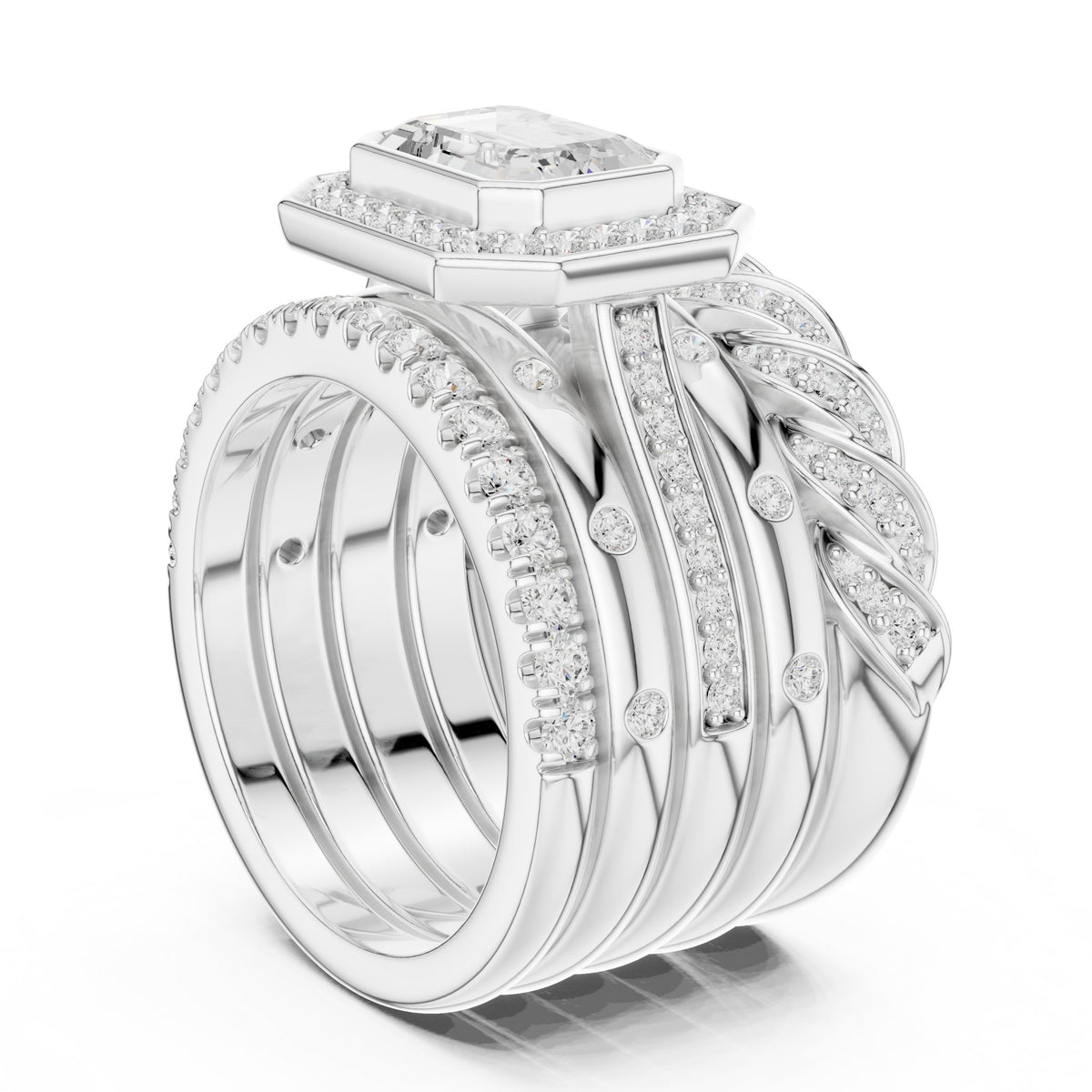 Emerald Cut Halo Engagement Ring with Stacked Multi-Band Pavé Wrap